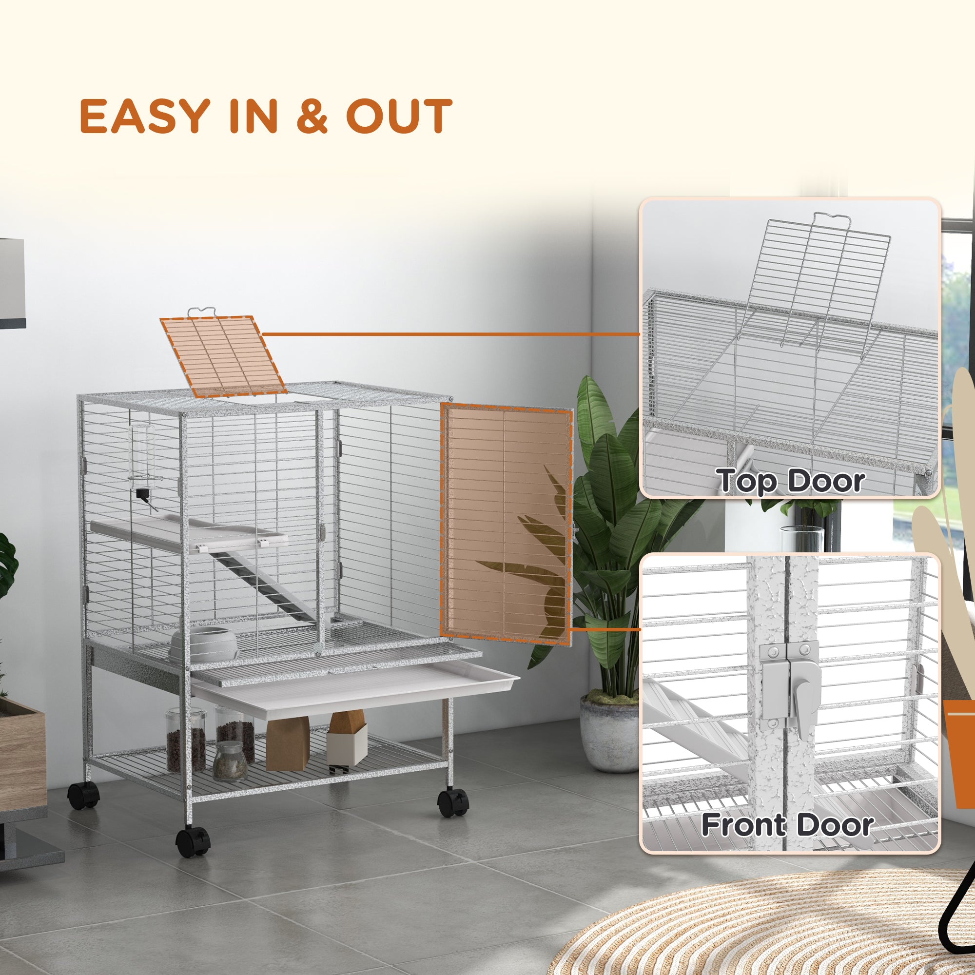 PawHut Small Animal Cage with Wheels, Pet Playpen for Rat, Kitten, Ferrets, Chinchillas with Bottom Storage Shelf, Removable Tray, Ramp, 24.2
