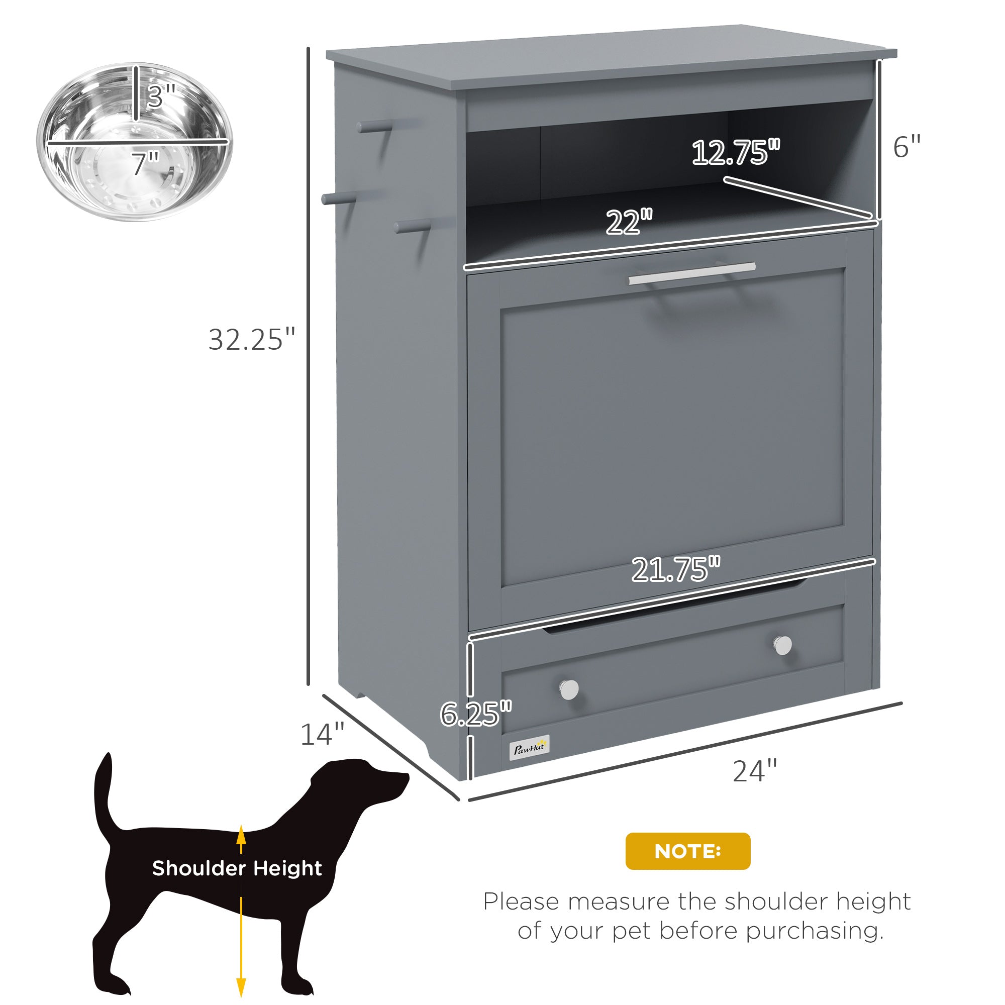 PawHut Dog Feeding Station, Dog Food Storage Pet Feeder Cabinet Container with Dog Raised Bowls and Hanger for Feeding & Watering Supplies, Gray
