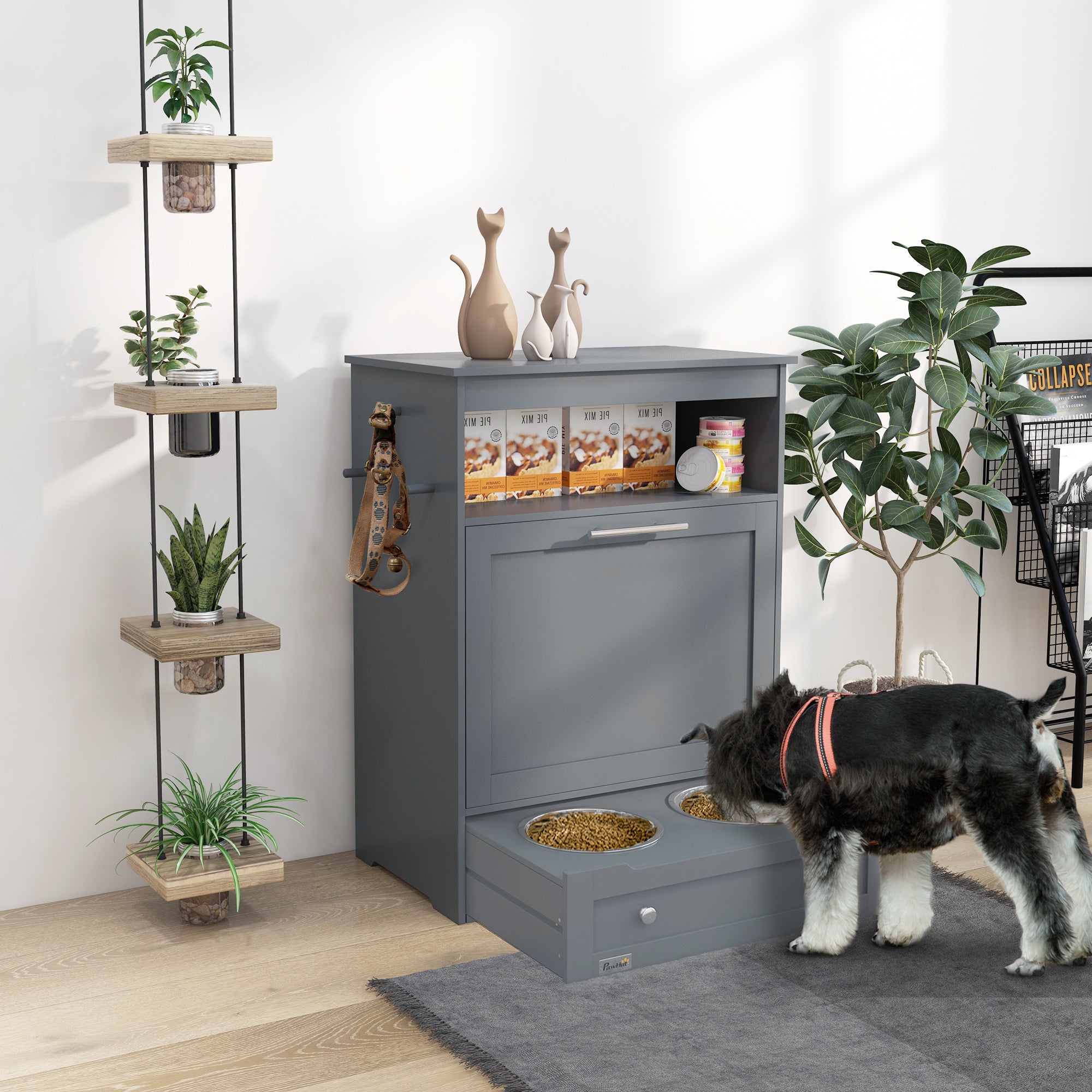 PawHut Dog Feeding Station, Dog Food Storage Pet Feeder Cabinet Container with Dog Raised Bowls and Hanger for Feeding & Watering Supplies, Gray