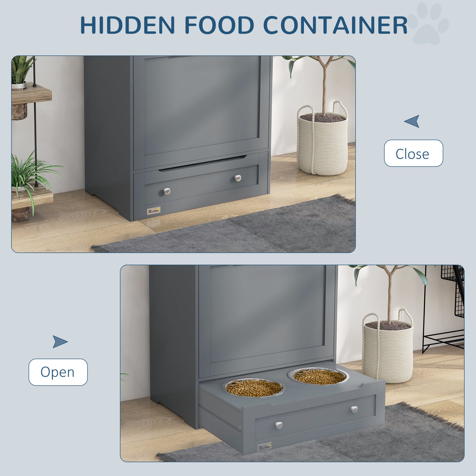 PawHut Dog Feeding Station, Dog Food Storage Pet Feeder Cabinet Container with Dog Raised Bowls and Hanger for Feeding & Watering Supplies, Gray