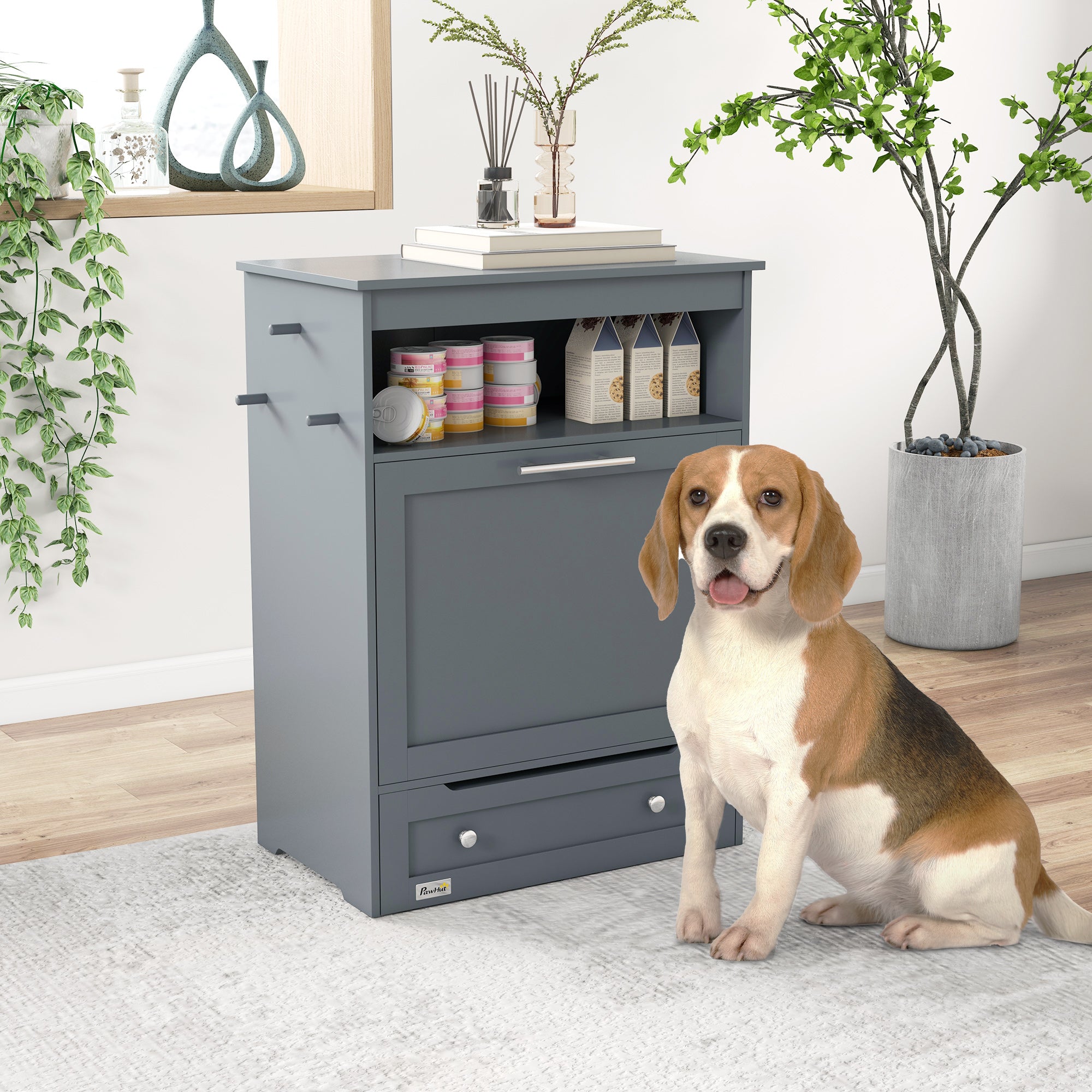 PawHut Dog Feeding Station, Dog Food Storage Pet Feeder Cabinet Container with Dog Raised Bowls and Hanger for Feeding & Watering Supplies, Gray