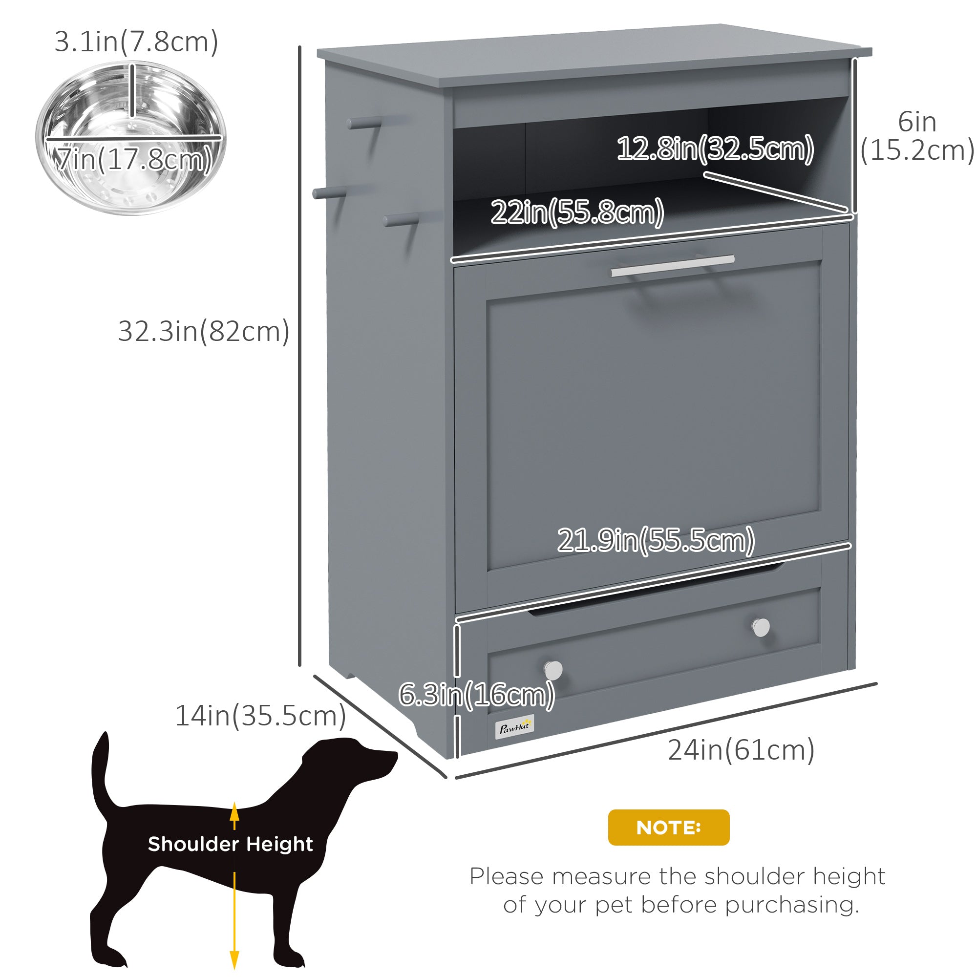 PawHut Cat Dog Feeding Station, Dog Food Storage Cabinet, Pet Feeder Container with Raised Dog Bowls and Hanger for Feeding & Watering Supplies, Grey