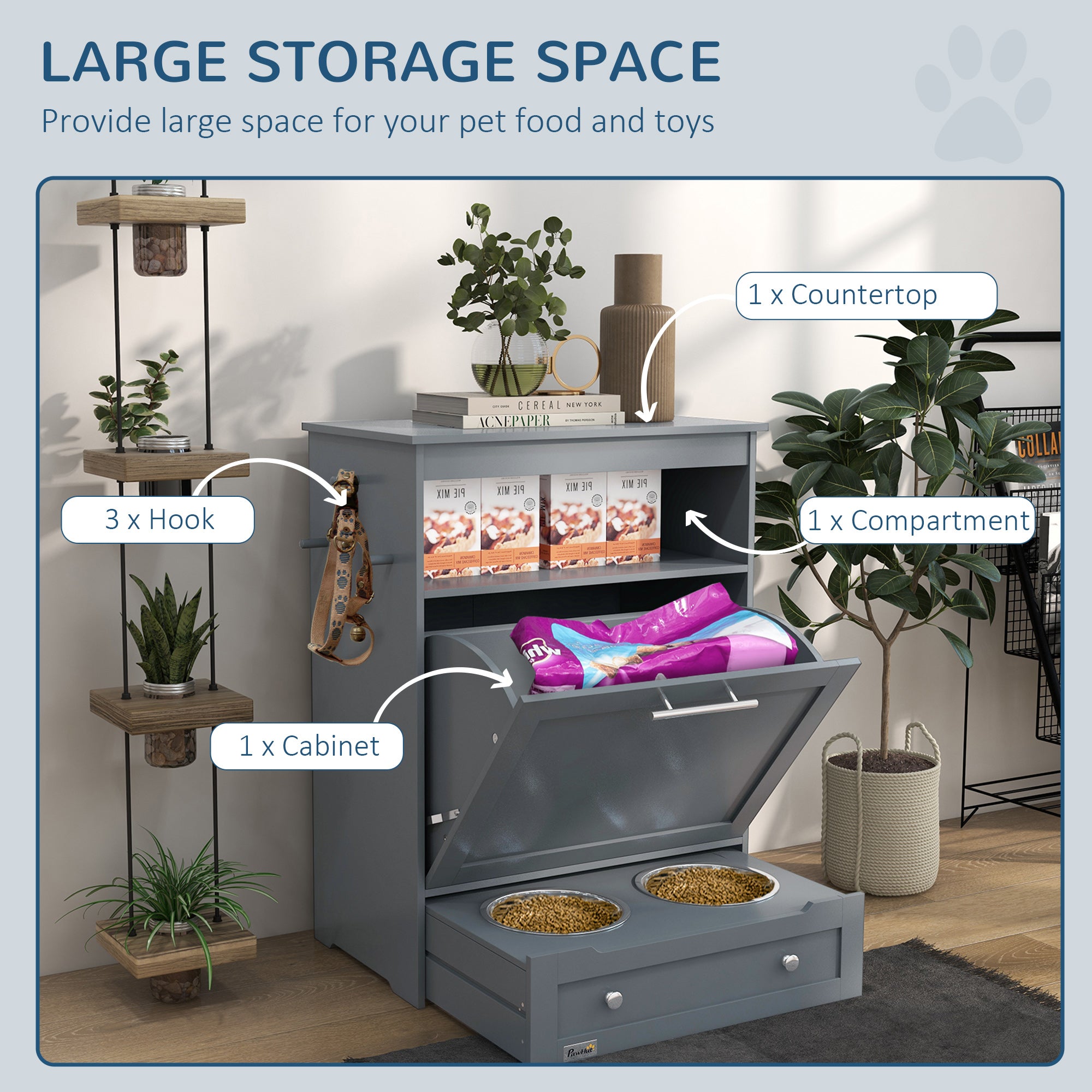 PawHut Dog Feeding Station, Dog Food Storage Pet Feeder Cabinet Container with Dog Raised Bowls and Hanger for Feeding & Watering Supplies, Gray