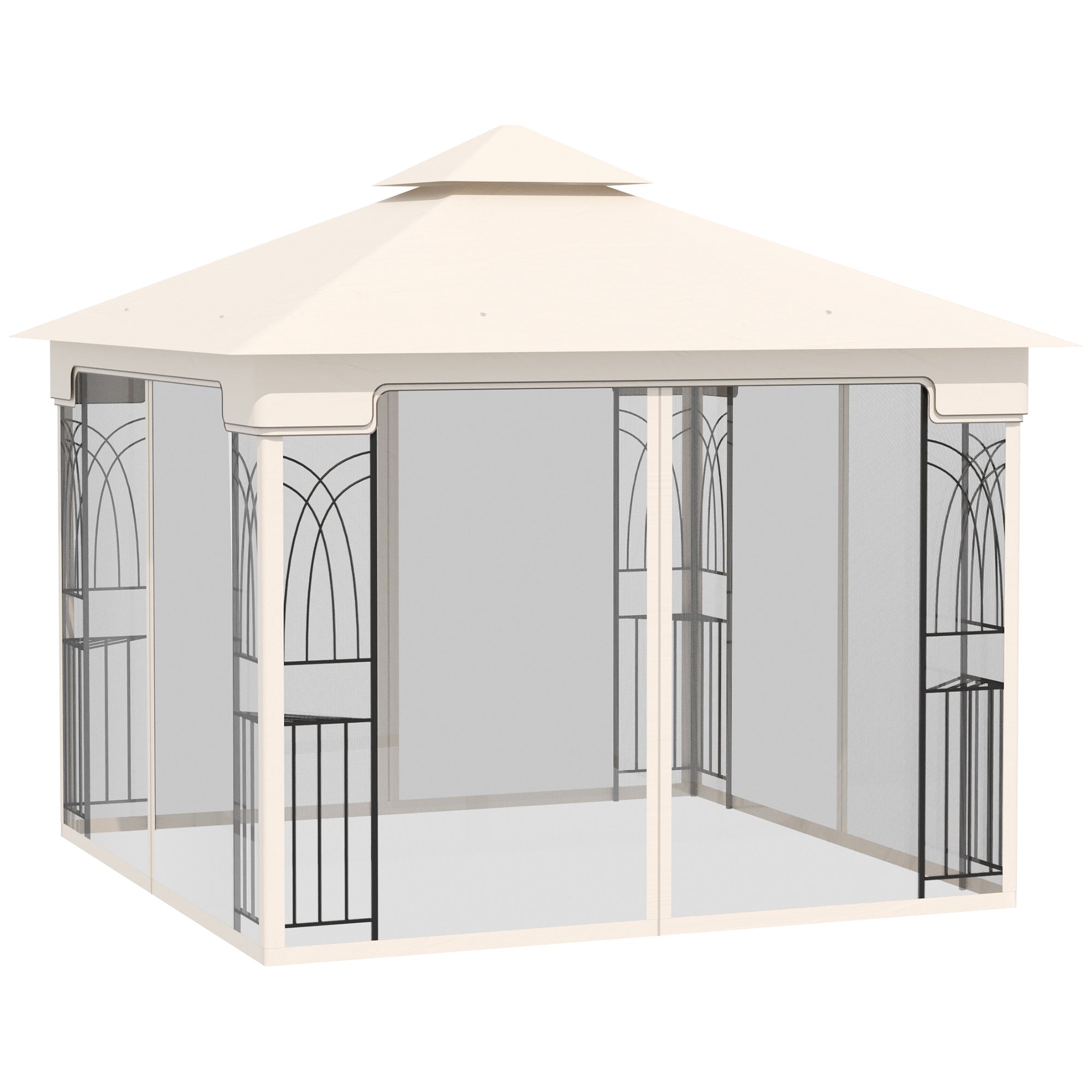 Outsunny 10' x 10' Outdoor Patio Gazebo Canopy with Double Tier Roof, Removable Mesh Curtains, Display Shelves, Top Hooks, Cream