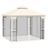Outsunny 10' x 10' Outdoor Patio Gazebo Canopy with Double Tier Roof, Removable Mesh Curtains, Display Shelves, Top Hooks, Cream
