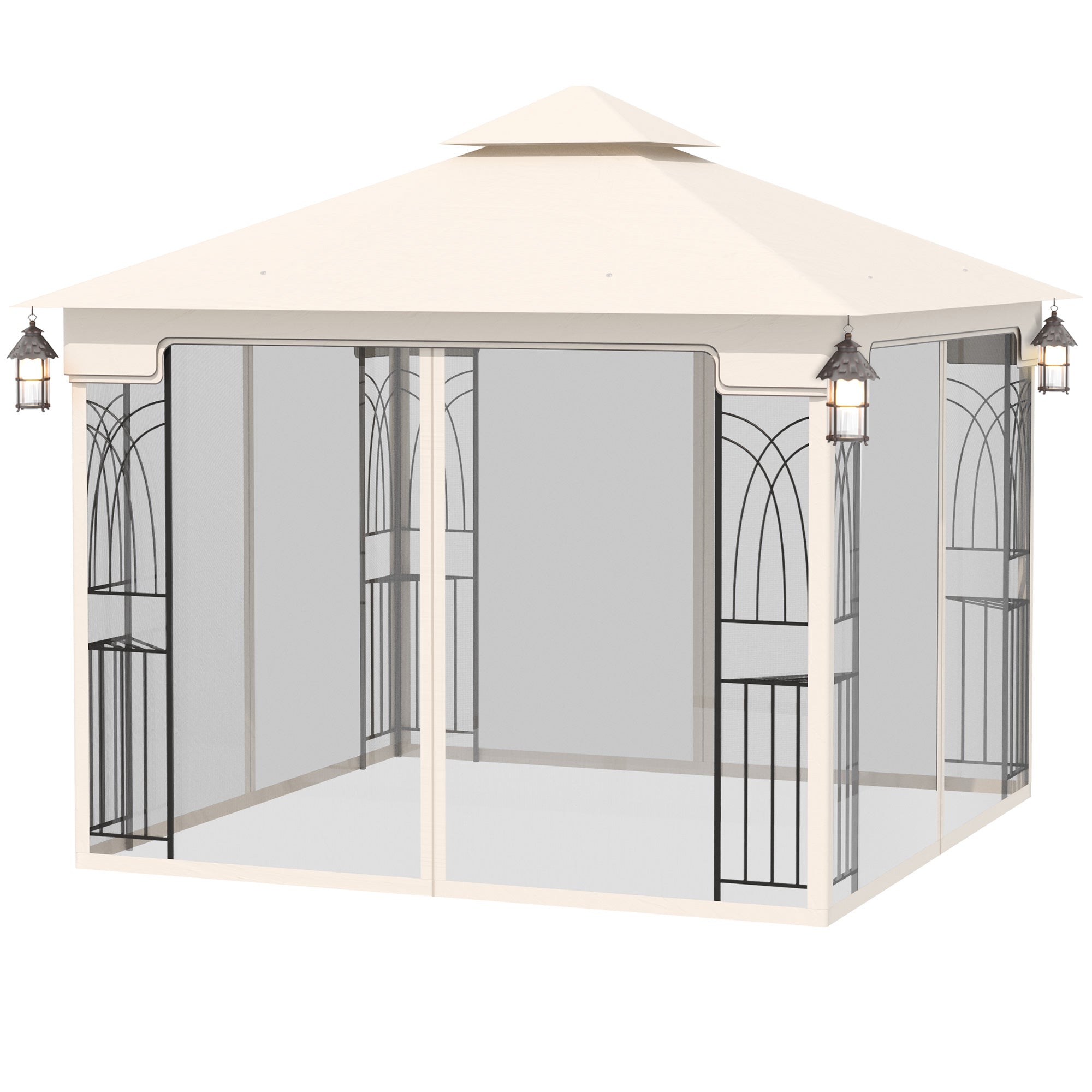 Outsunny 10' x 10' Outdoor Patio Gazebo Canopy with Double Tier Roof, Removable Mesh Curtains, Display Shelves, Top Hooks, Cream