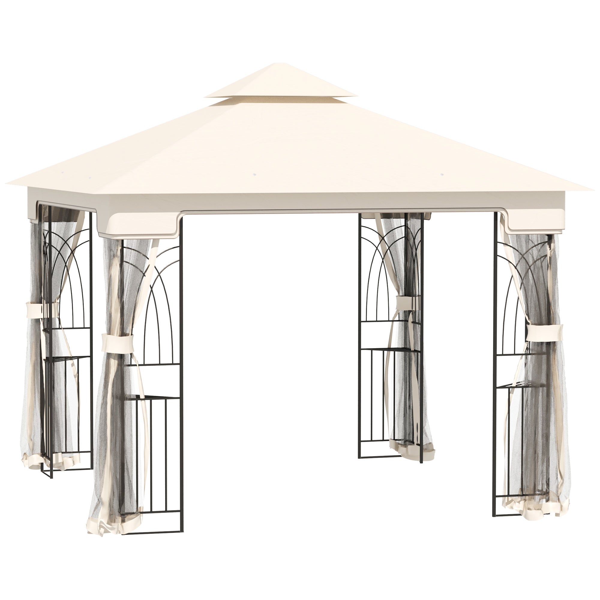 Outsunny 10' x 10' Outdoor Patio Gazebo Canopy with Double Tier Roof, Removable Mesh Curtains, Display Shelves, Top Hooks, Cream