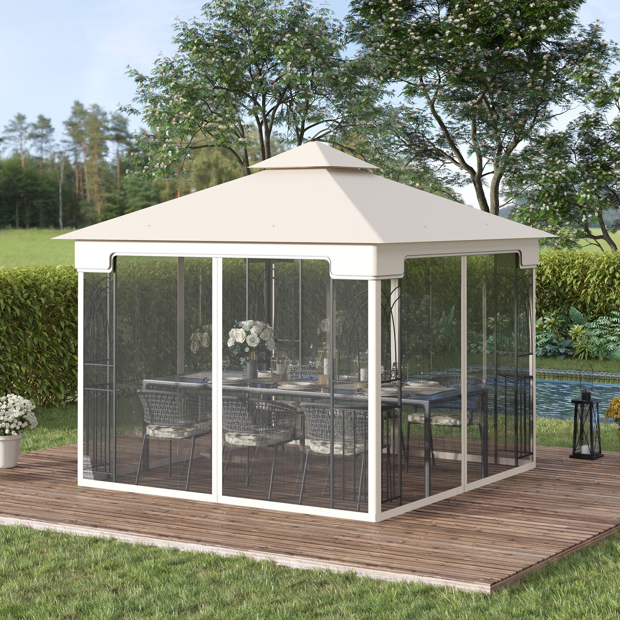 Outsunny 10' x 10' Outdoor Patio Gazebo Canopy with Double Tier Roof, Removable Mesh Curtains, Display Shelves, Top Hooks, Cream