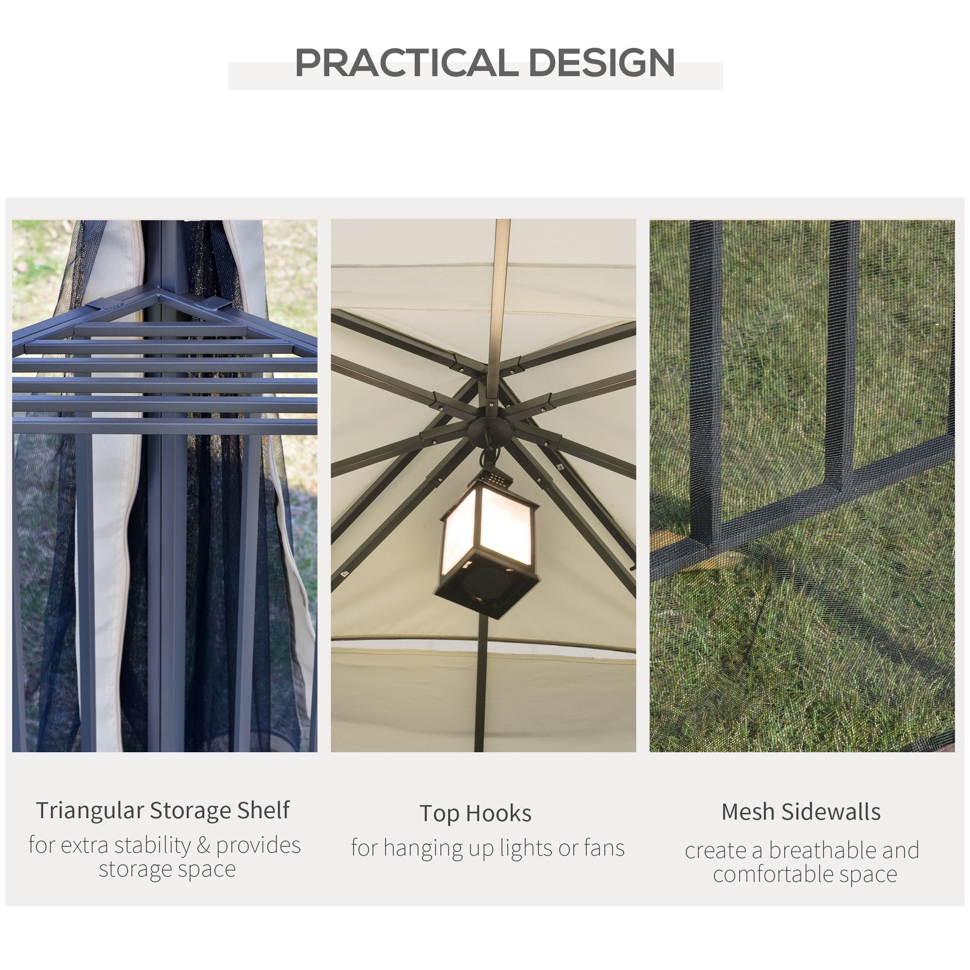 Outsunny 10' x 10' Outdoor Patio Gazebo Canopy with Double Tier Roof, Removable Mesh Curtains, Display Shelves, Top Hooks, Cream