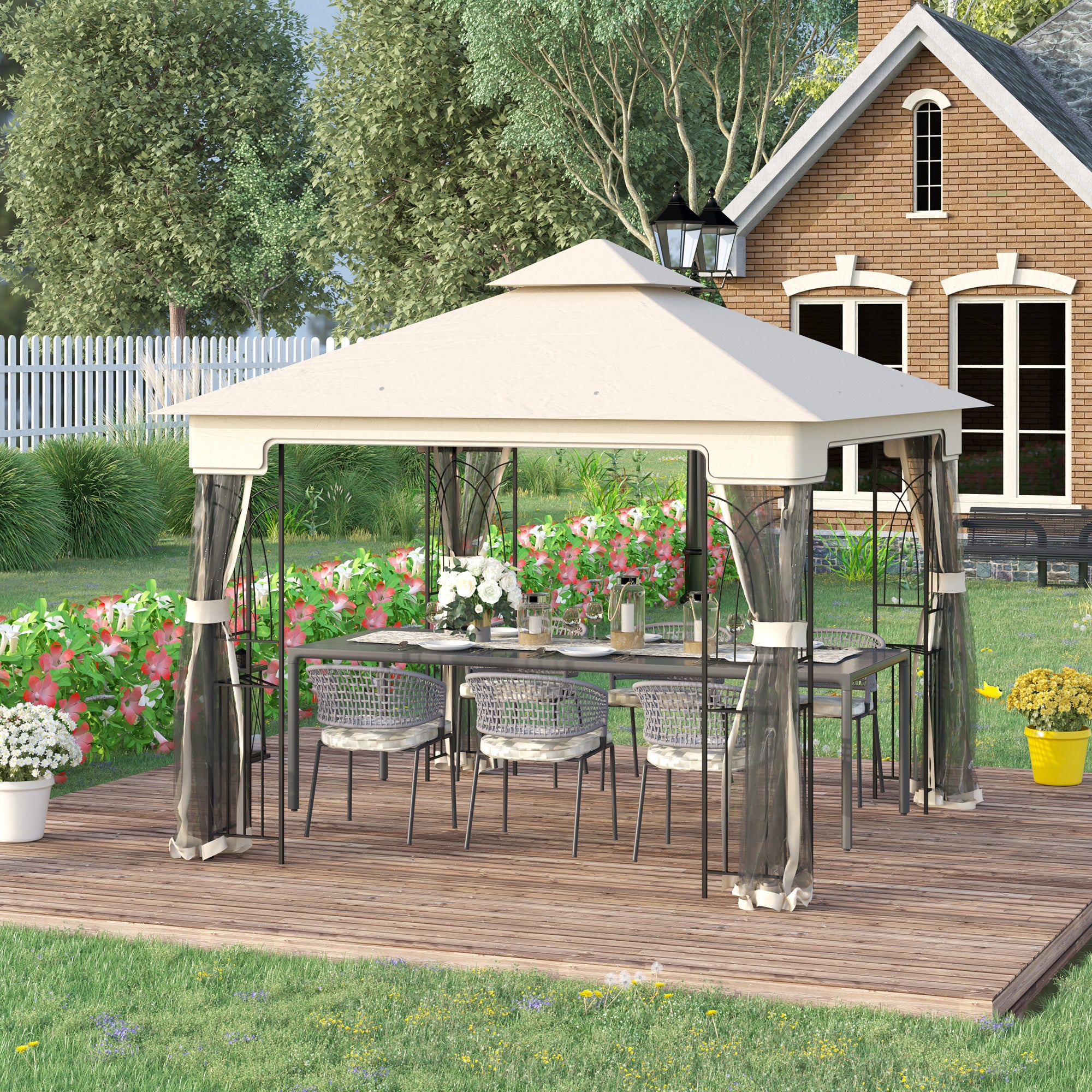 Outsunny 10' x 10' Outdoor Patio Gazebo Canopy with Double Tier Roof, Removable Mesh Curtains, Display Shelves, Top Hooks, Cream