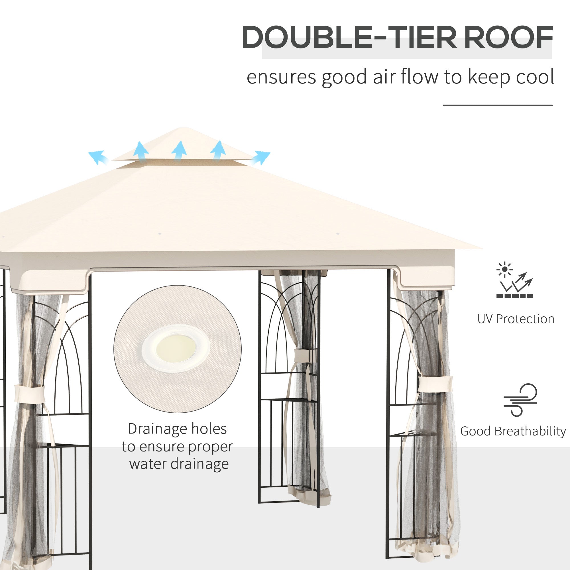 Outsunny 10' x 10' Outdoor Patio Gazebo Canopy with Double Tier Roof, Removable Mesh Curtains, Display Shelves, Top Hooks, Cream