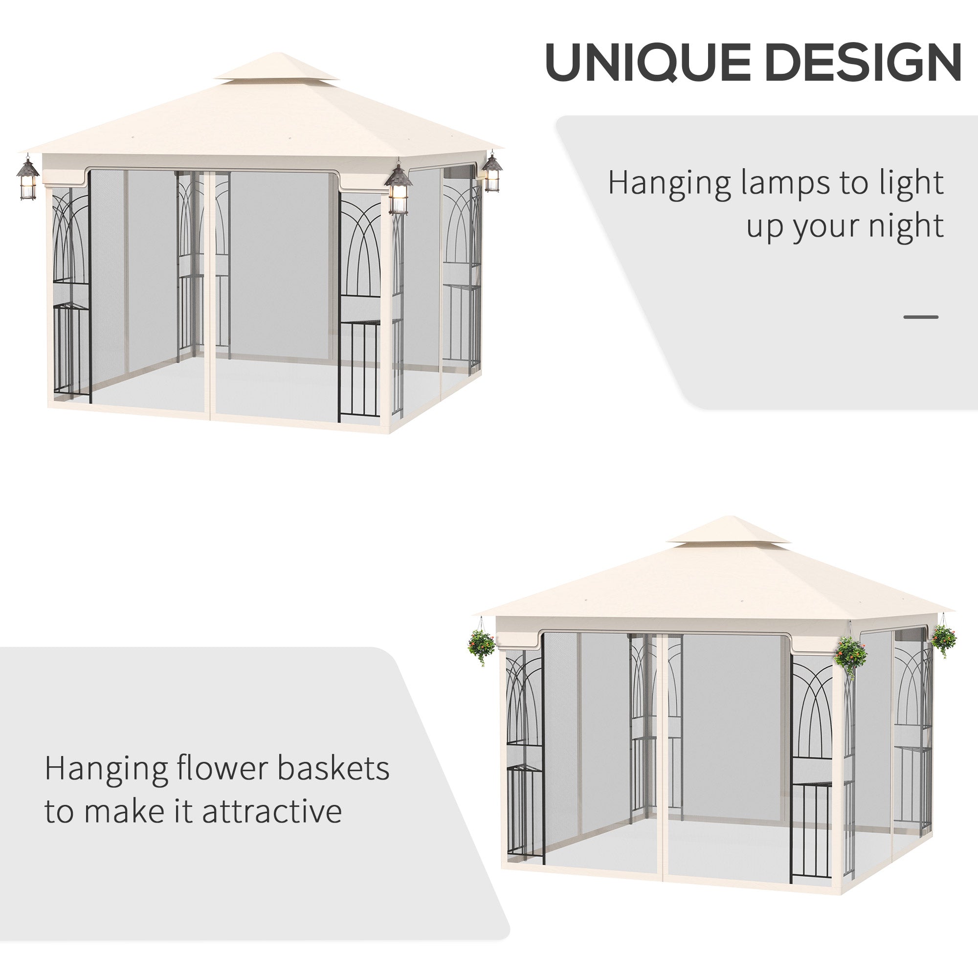 Outsunny 10' x 10' Outdoor Patio Gazebo Canopy with Double Tier Roof, Removable Mesh Curtains, Display Shelves, Top Hooks, Cream