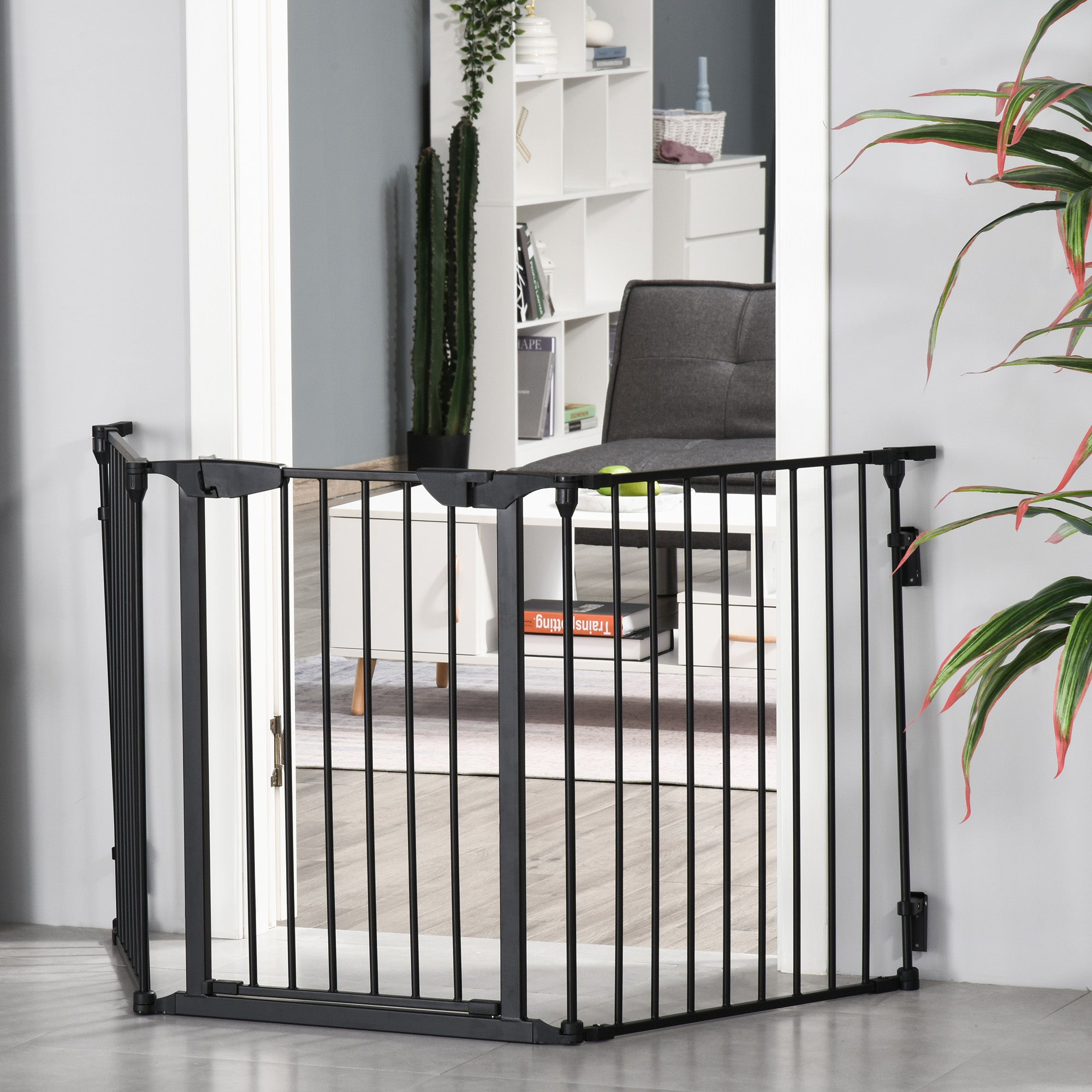 PawHut Pet Safety Gate, 3 Panels Playpen Fireplace, Metal Fence, Stair Barrier, Room Divider w/ Walk-Through Door - Black