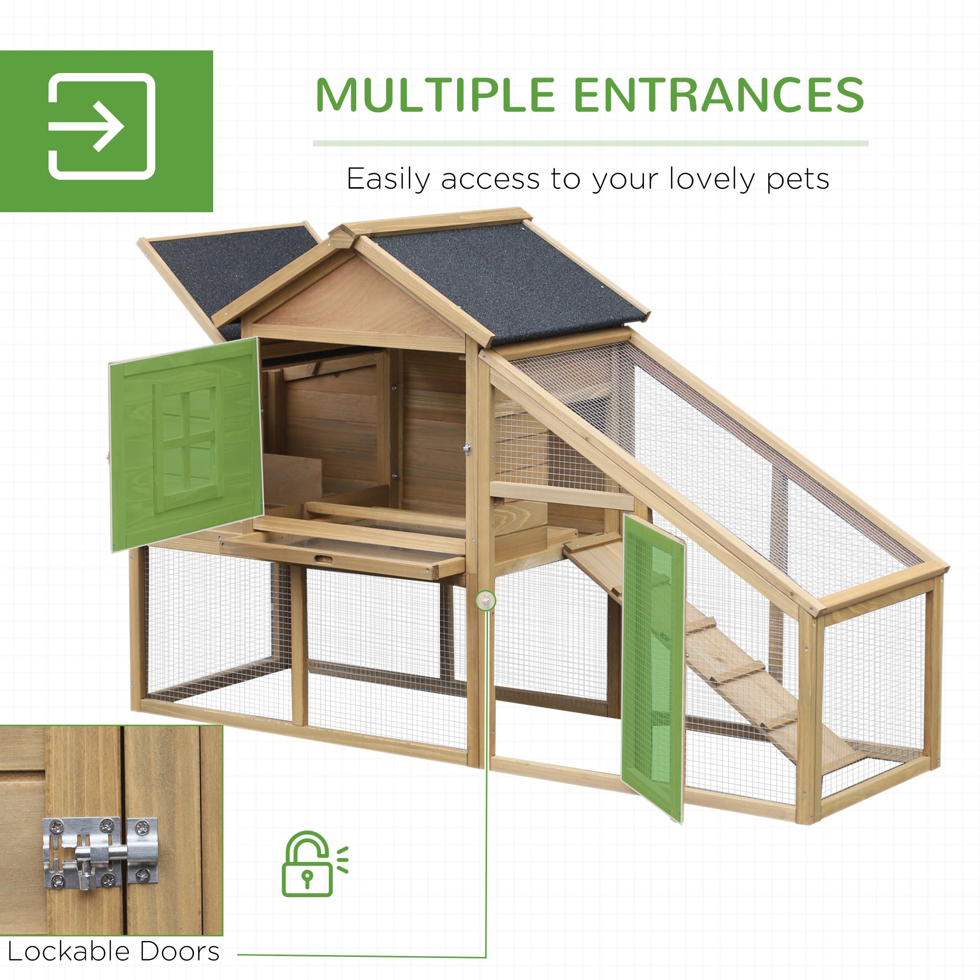 PawHut Chicken Coop, Rabbit Hutch, Hen House, Wooden Poultry Habitat with Outdoor Run, Nesting Box, Slide Out Tray, Lockable Doors, Ramp, Window, 176 x 66 x 110cm, Natural