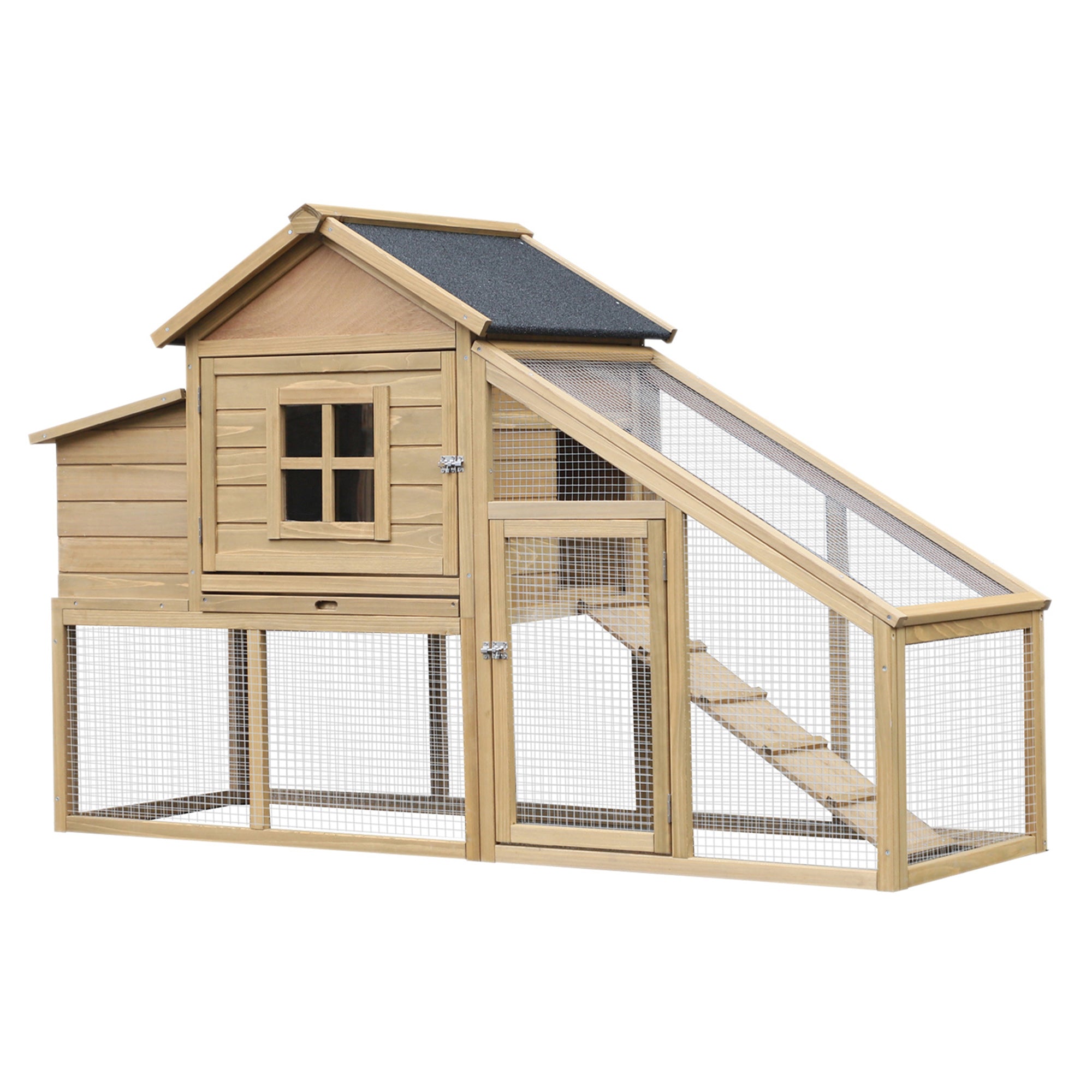 PawHut Chicken Coop, Rabbit Hutch, Hen House, Wooden Poultry Habitat with Outdoor Run, Nesting Box, Slide Out Tray, Lockable Doors, Ramp, Window, 176 x 66 x 110cm, Natural