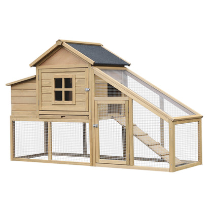 PawHut Chicken Coop, Rabbit Hutch, Hen House, Wooden Poultry Habitat with Outdoor Run, Nesting Box, Slide Out Tray, Lockable Doors, Ramp, Window, 176 x 66 x 110cm, Natural
