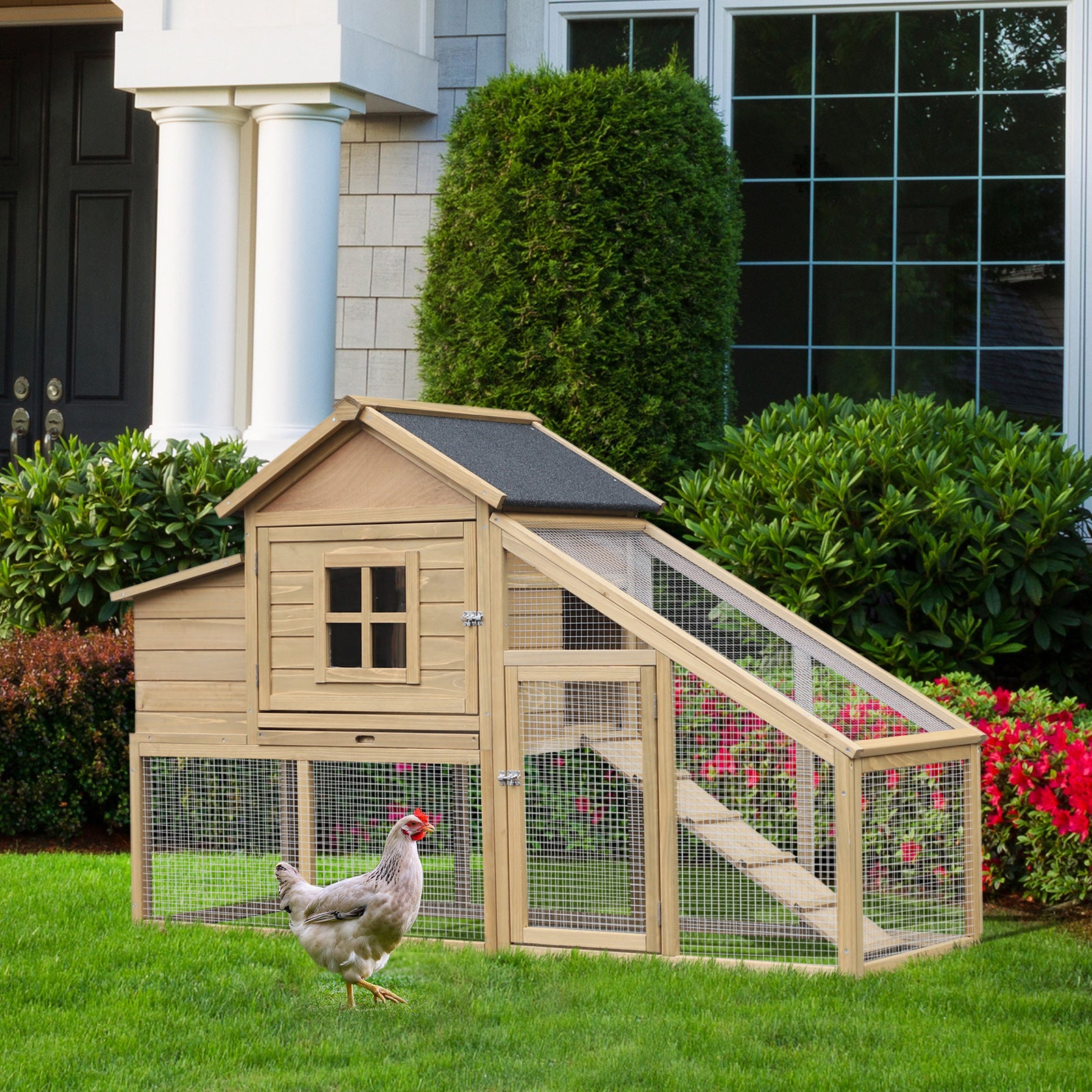 PawHut Chicken Coop, Rabbit Hutch, Hen House, Wooden Poultry Habitat with Outdoor Run, Nesting Box, Slide Out Tray, Lockable Doors, Ramp, Window, 176 x 66 x 110cm, Natural