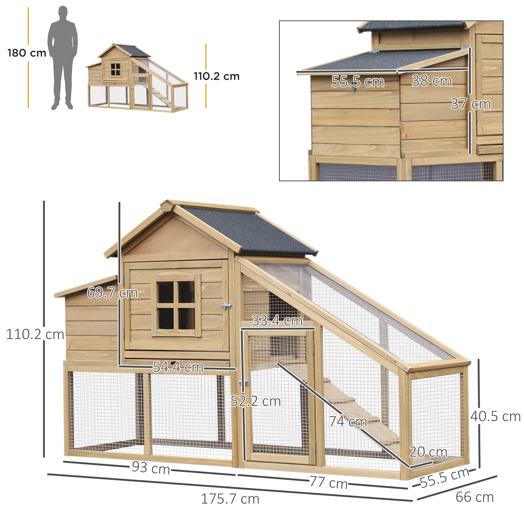 PawHut Chicken Coop, Rabbit Hutch, Hen House, Wooden Poultry Habitat with Outdoor Run, Nesting Box, Slide Out Tray, Lockable Doors, Ramp, Window, 176 x 66 x 110cm, Natural
