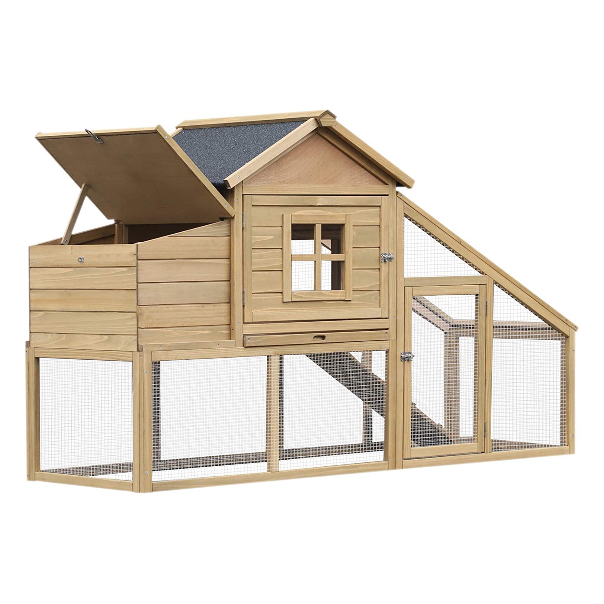 PawHut Chicken Coop, Rabbit Hutch, Hen House, Wooden Poultry Habitat with Outdoor Run, Nesting Box, Slide Out Tray, Lockable Doors, Ramp, Window, 176 x 66 x 110cm, Natural