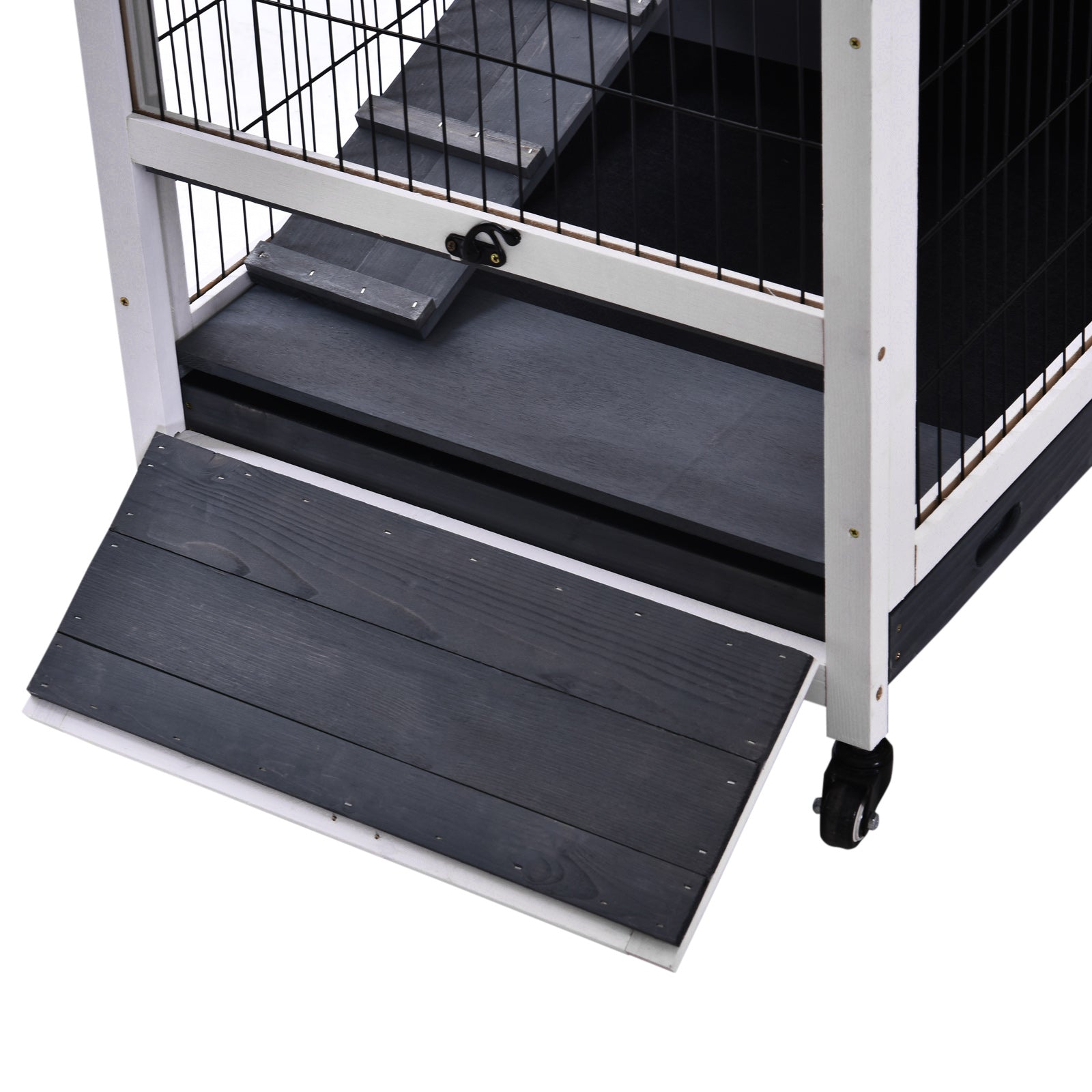 PawHut Wooden Indoor Rabbit Hutch Elevated Bunny Cage Habitat with Enclosed Run with Wheels, Ideal for Rabbits and Guinea Pigs, White