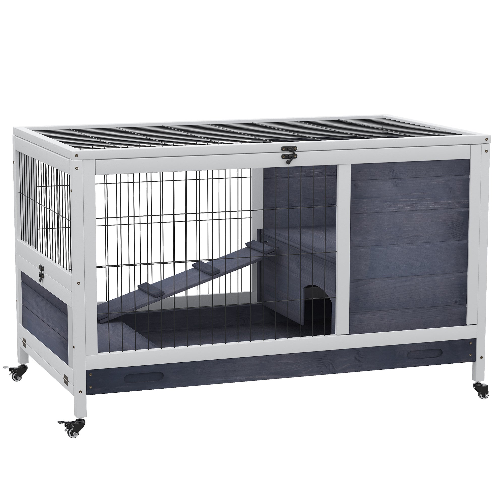 PawHut Wooden Indoor Rabbit Hutch Elevated Bunny Cage Habitat with Enclosed Run with Wheels, Ideal for Rabbits and Guinea Pigs, White