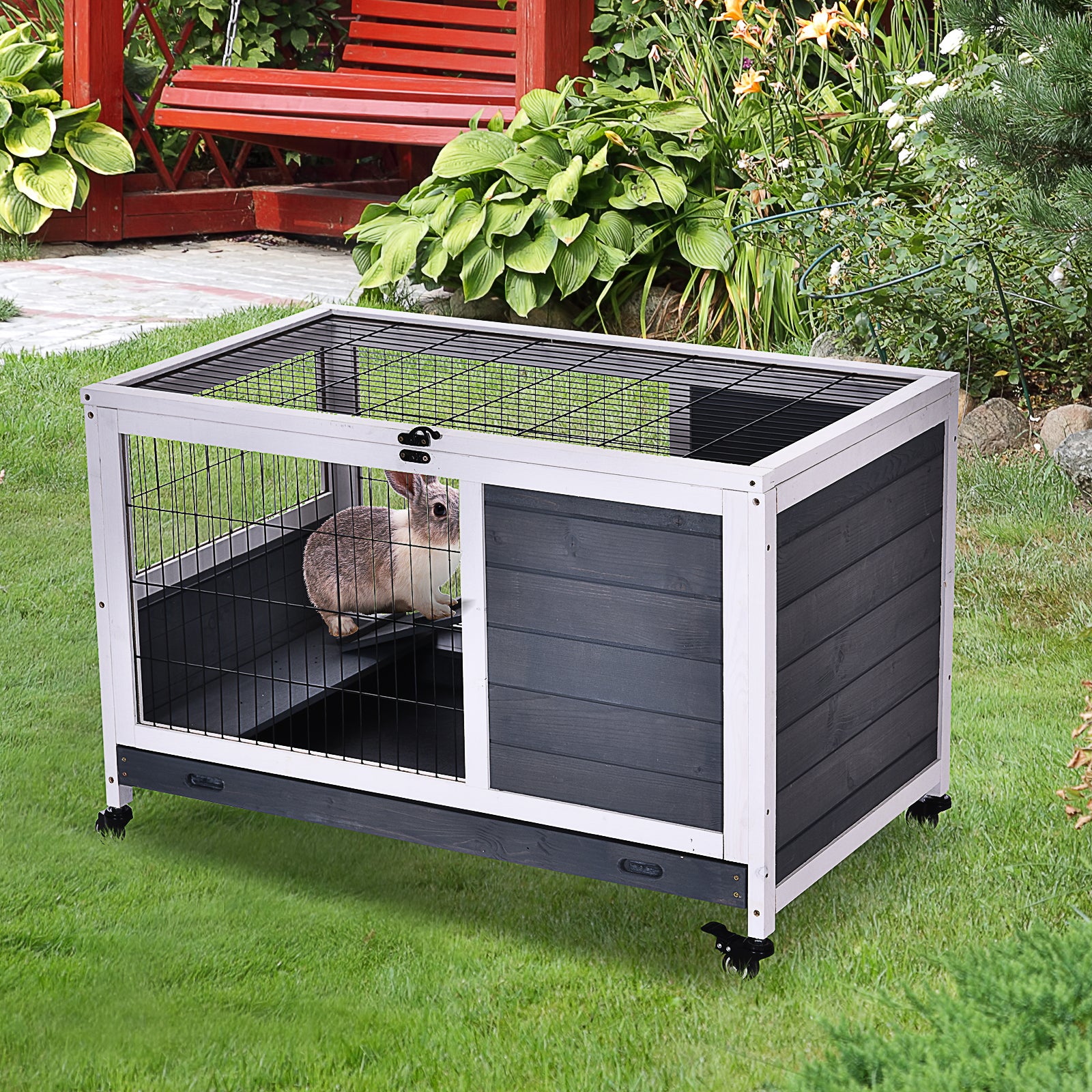 PawHut Wooden Guinea Pig Hutch,  Small Animal Cage with Openable Roof, Indoor Enclosed Run with No-Leak Tray, Grey