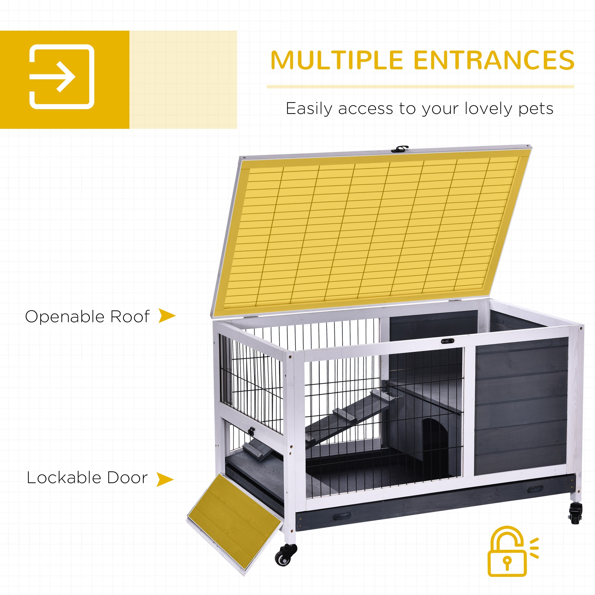 PawHut Wooden Indoor Rabbit Hutch Elevated Bunny Cage Habitat with Enclosed Run with Wheels, Ideal for Rabbits and Guinea Pigs, White