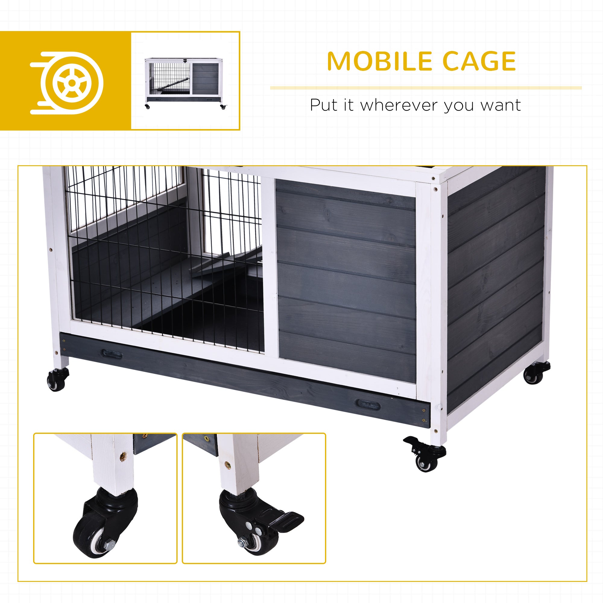 PawHut Wooden Indoor Rabbit Hutch Elevated Bunny Cage Habitat with Enclosed Run with Wheels, Ideal for Rabbits and Guinea Pigs, White