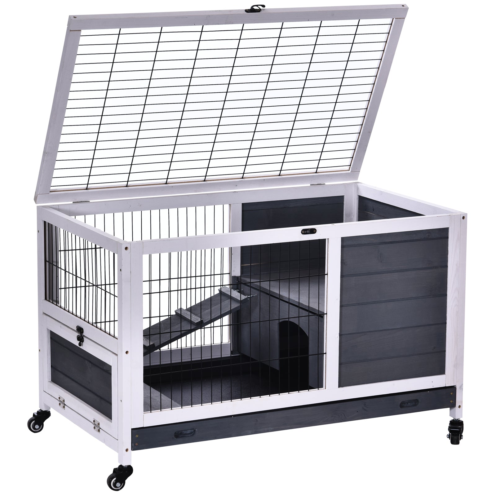 PawHut Wooden Guinea Pig Hutch,  Small Animal Cage with Openable Roof, Indoor Enclosed Run with No-Leak Tray, Grey