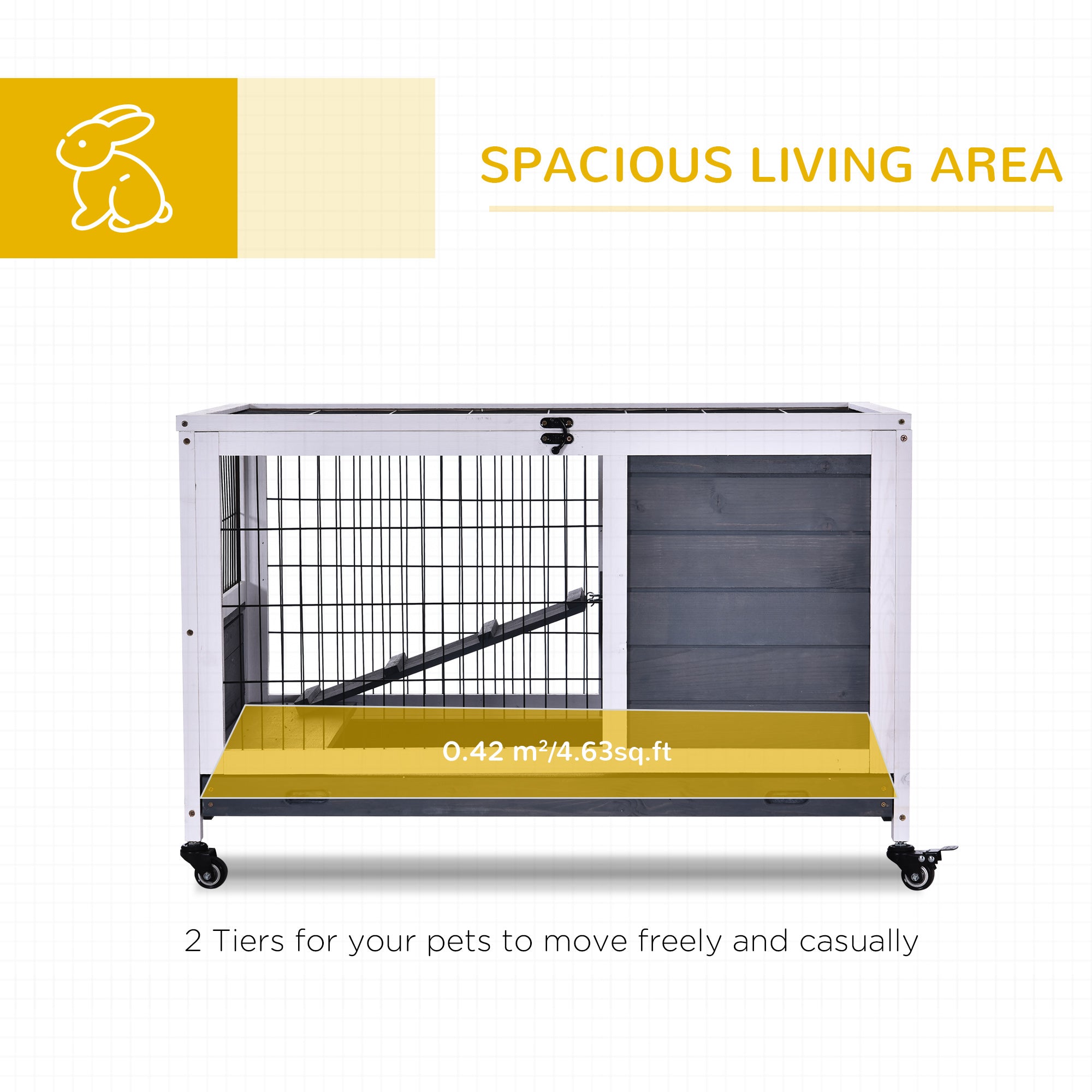PawHut Wooden Indoor Rabbit Hutch Elevated Bunny Cage Habitat with Enclosed Run with Wheels, Ideal for Rabbits and Guinea Pigs, White