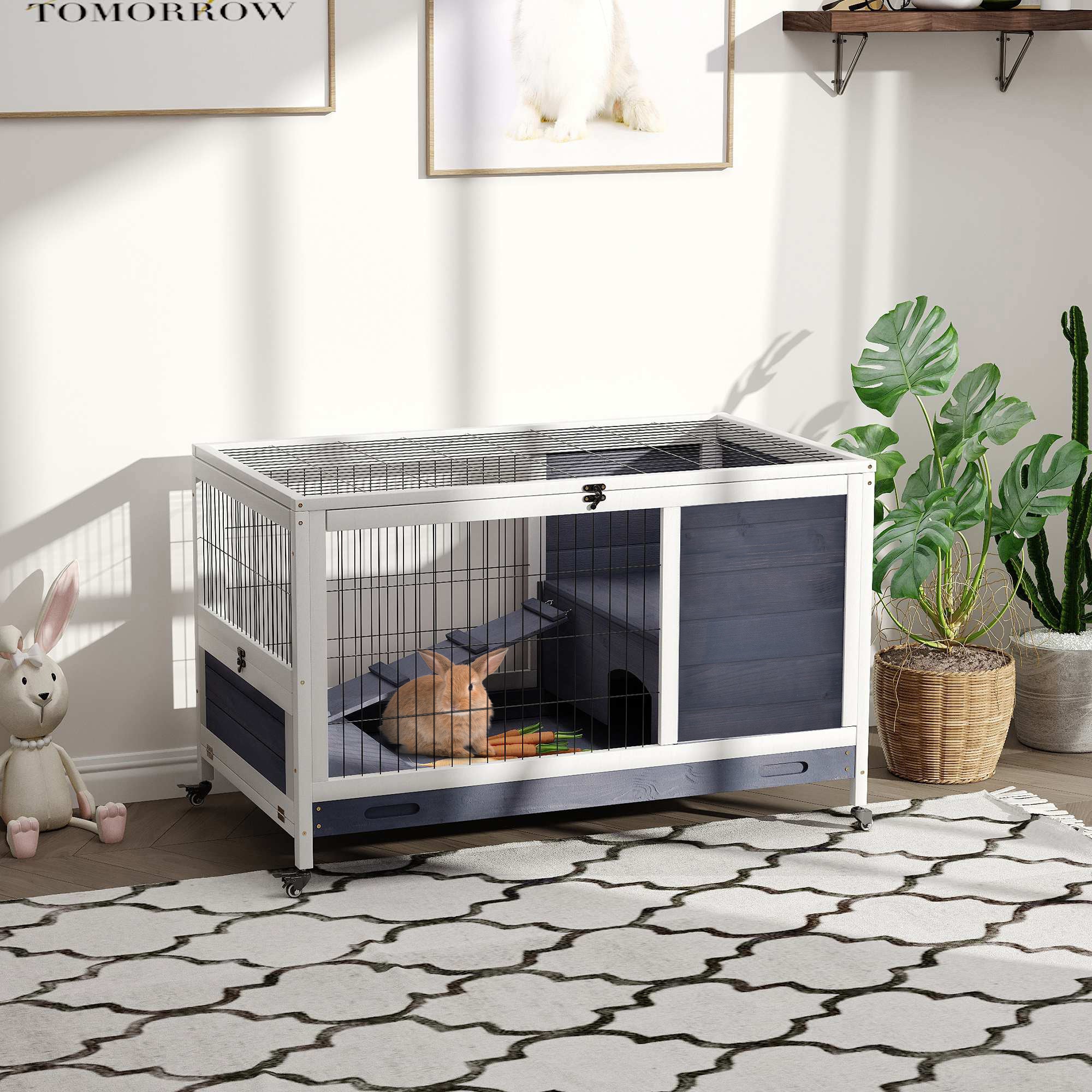 PawHut Wooden Indoor Rabbit Hutch Elevated Bunny Cage Habitat with Enclosed Run with Wheels, Ideal for Rabbits and Guinea Pigs, White