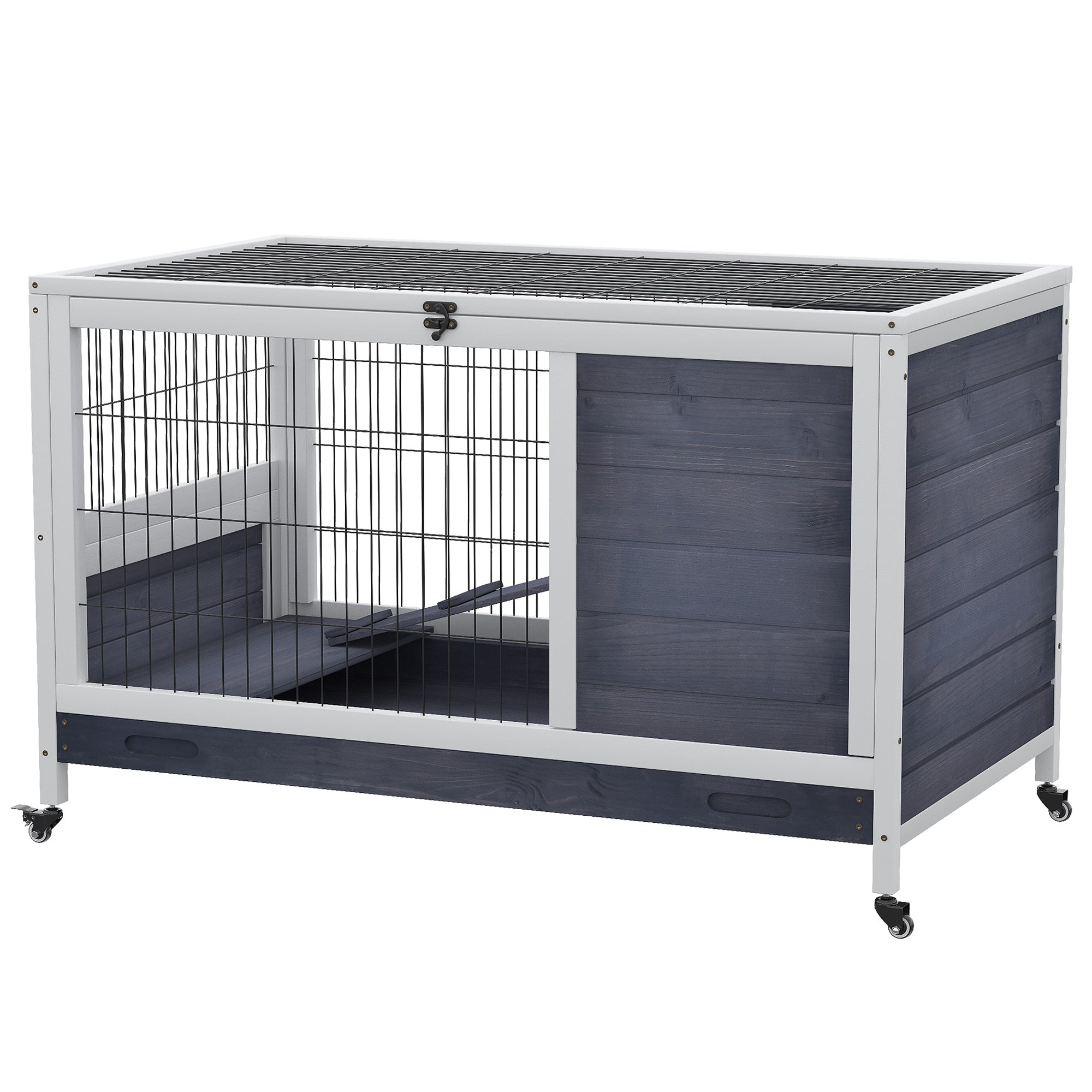 PawHut Wooden Indoor Rabbit Hutch Elevated Bunny Cage Habitat with Enclosed Run with Wheels, Ideal for Rabbits and Guinea Pigs, White