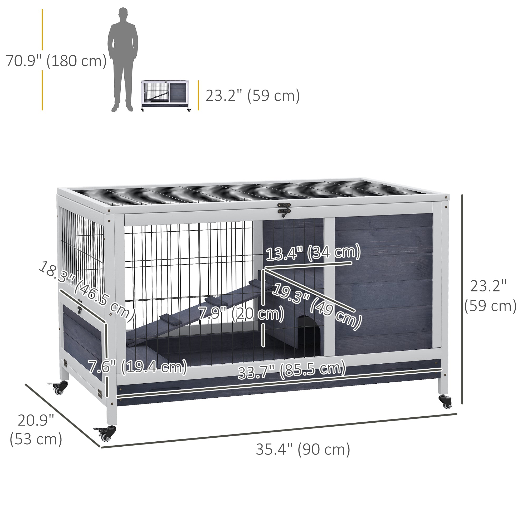 PawHut Wooden Indoor Rabbit Hutch Elevated Bunny Cage Habitat with Enclosed Run with Wheels, Ideal for Rabbits and Guinea Pigs, White
