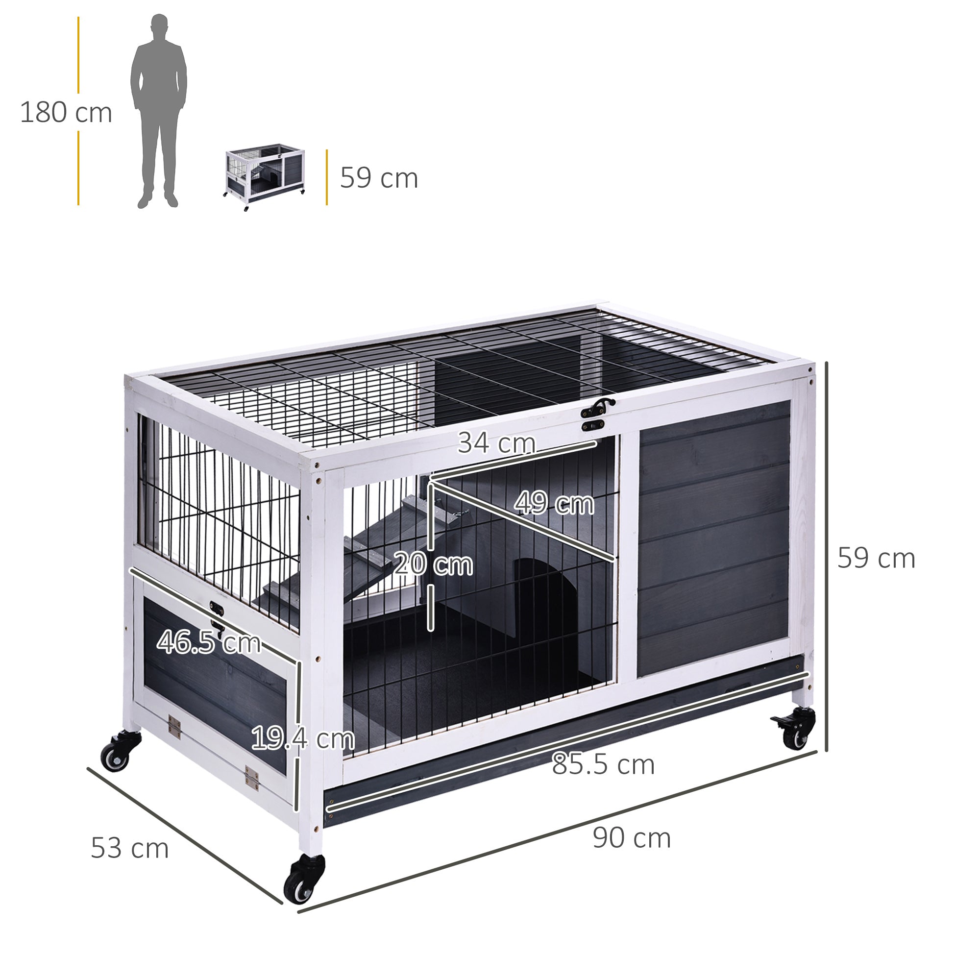 PawHut Wooden Guinea Pig Hutch,  Small Animal Cage with Openable Roof, Indoor Enclosed Run with No-Leak Tray, Grey