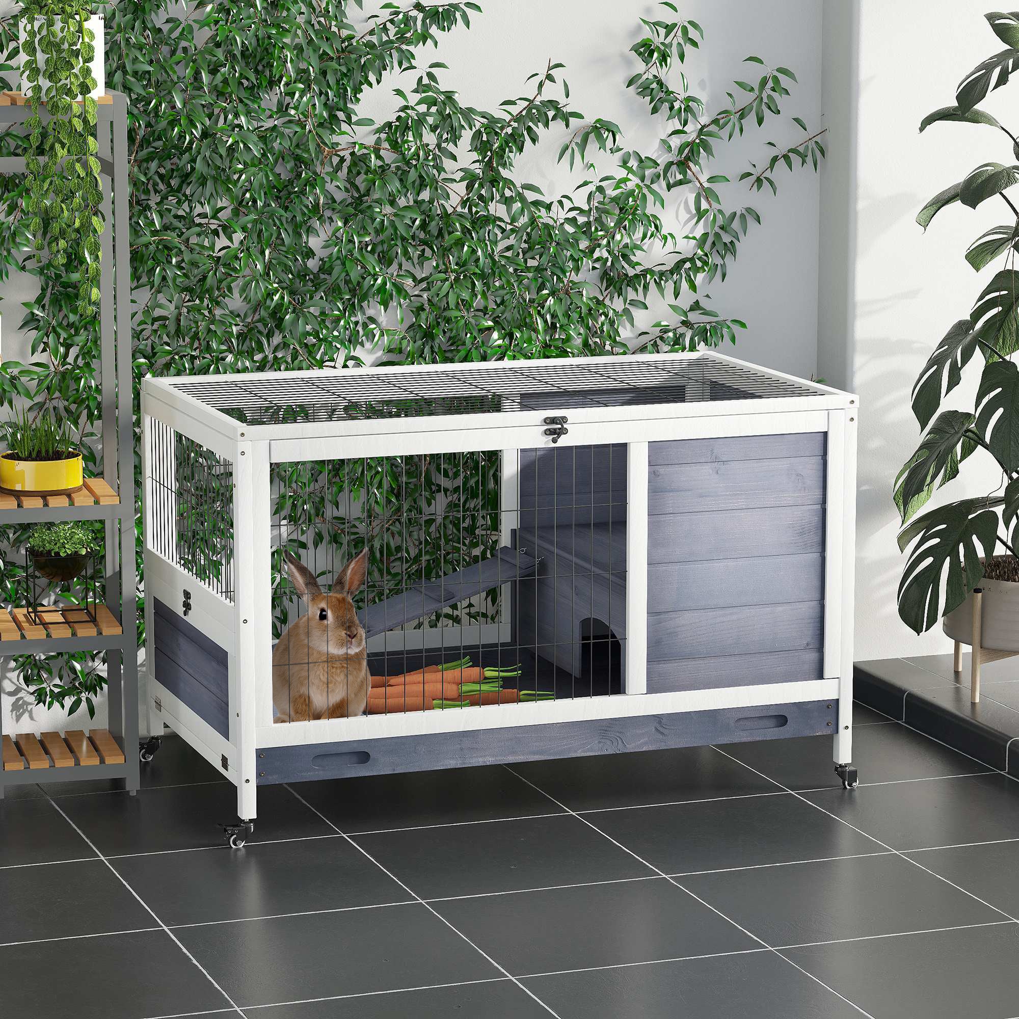 PawHut Wooden Indoor Rabbit Hutch Elevated Bunny Cage Habitat with Enclosed Run with Wheels, Ideal for Rabbits and Guinea Pigs, White