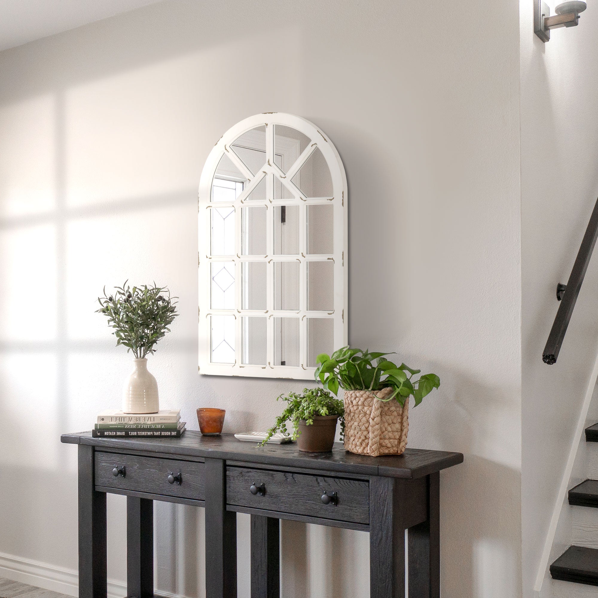 HOMCOM 43x27.5 inch Decorative Wall Mirror, Arch Windowpane Mirror for Wall in Living Room, Bedroom, Rustic White