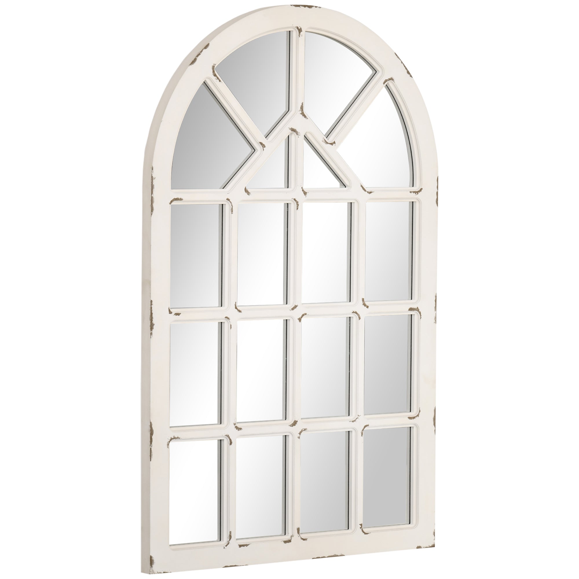 HOMCOM 43x27.5 inch Decorative Wall Mirror, Arch Windowpane Mirror for Wall in Living Room, Bedroom, Rustic White