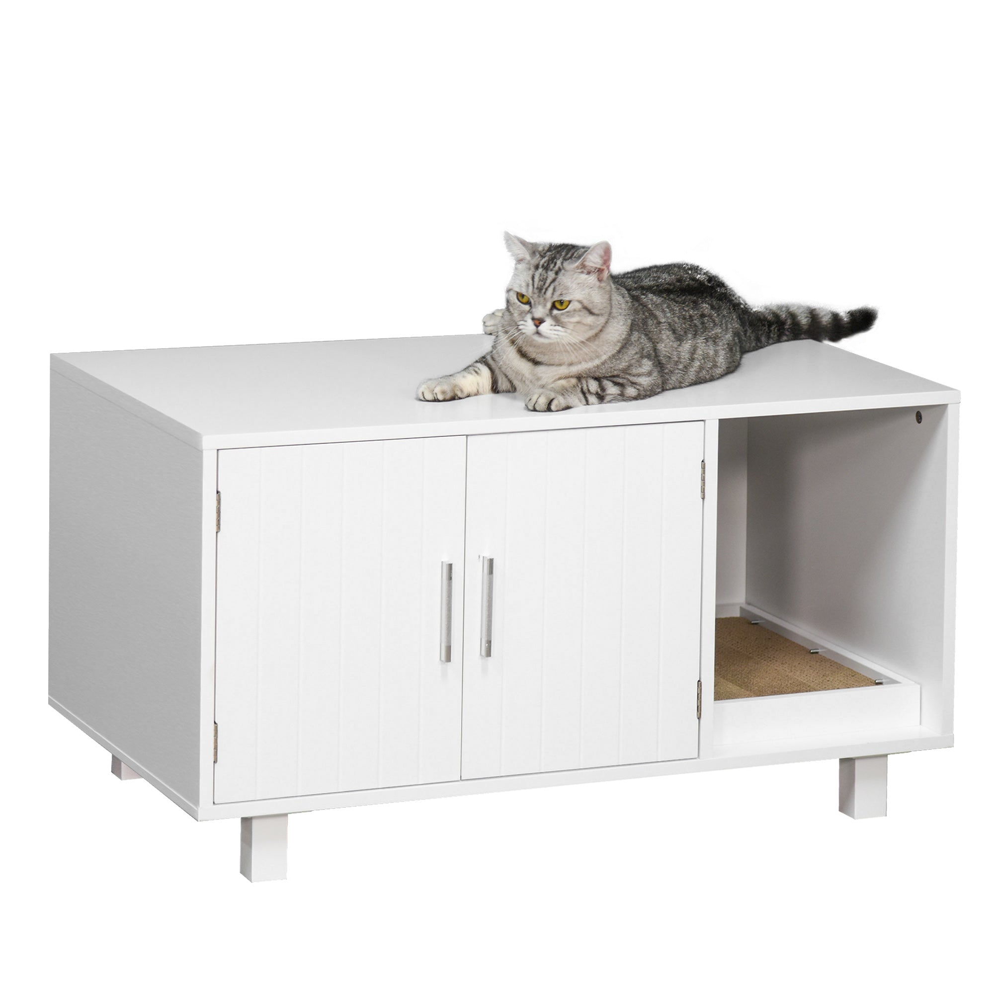 PawHut Wooden Cat Litter Box Enclosure & House with Nightstand/End Table Design, Scratcher, & Magnetic Doors, White