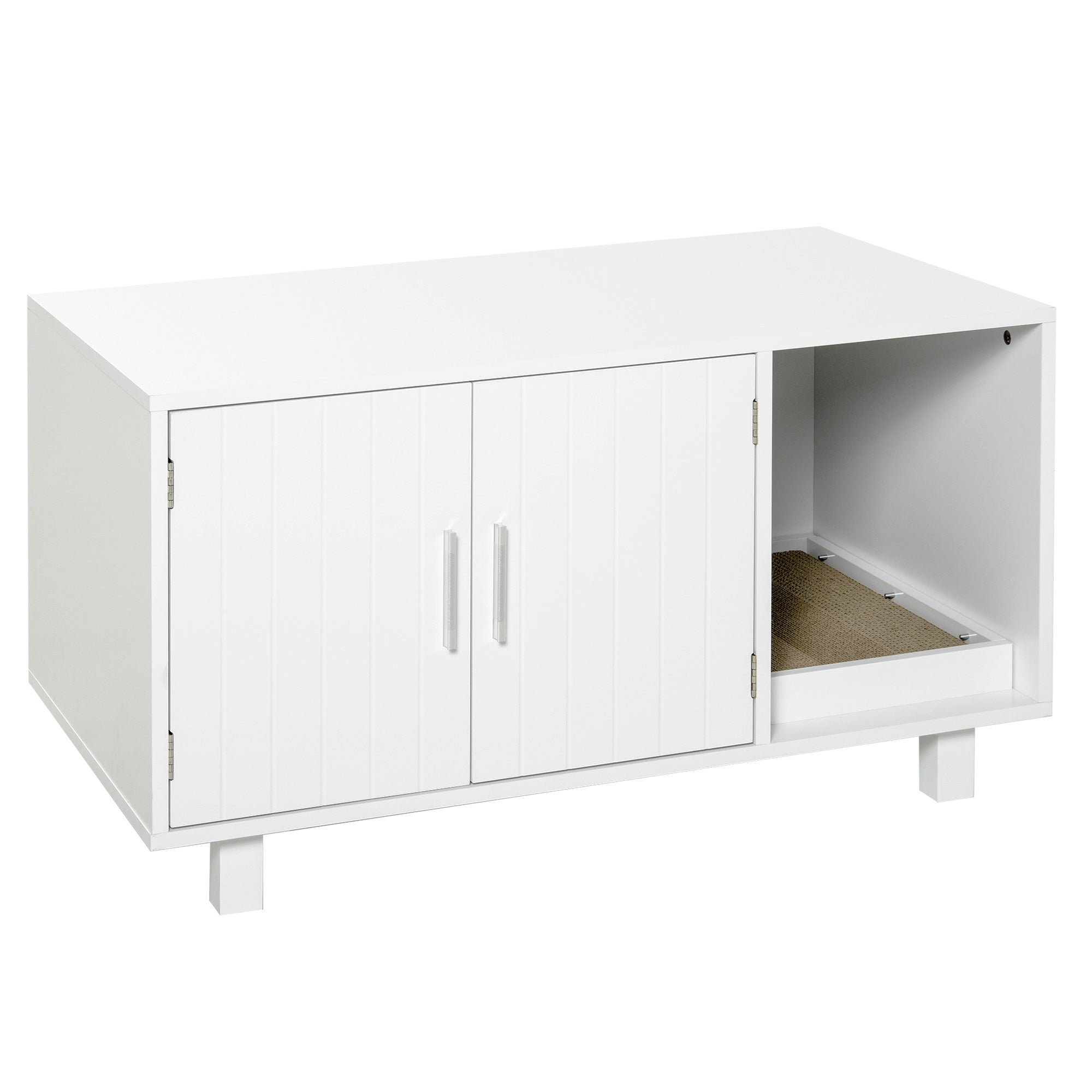 PawHut Wooden Cat Litter Box Enclosure & House with Nightstand/End Table Design, Scratcher, & Magnetic Doors, White