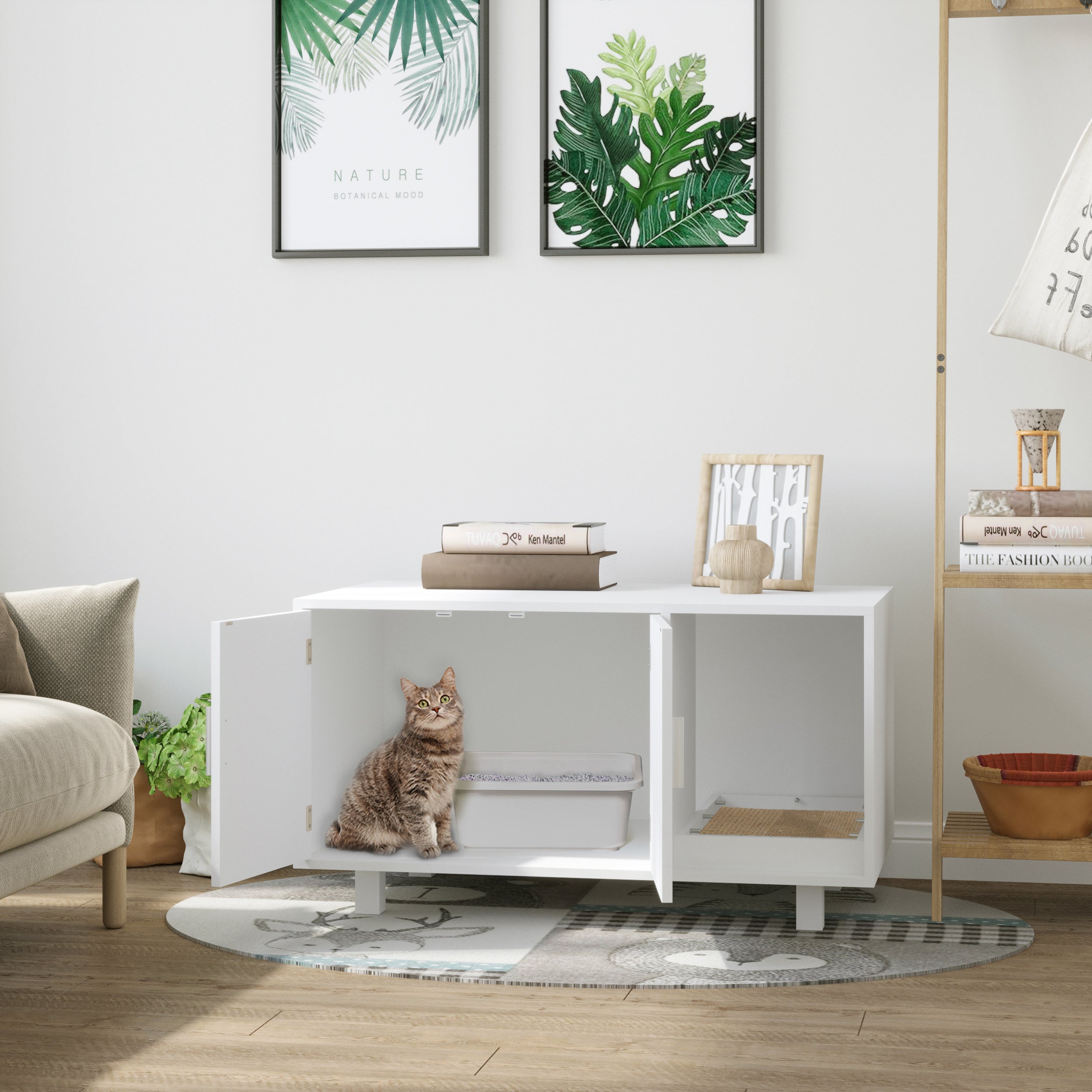 PawHut Cat Litter Box Enclosure, Hidden Litter Box Furniture, Cat House End Table Washroom with Scratching Pad, for Indoor Cats Kittens, White