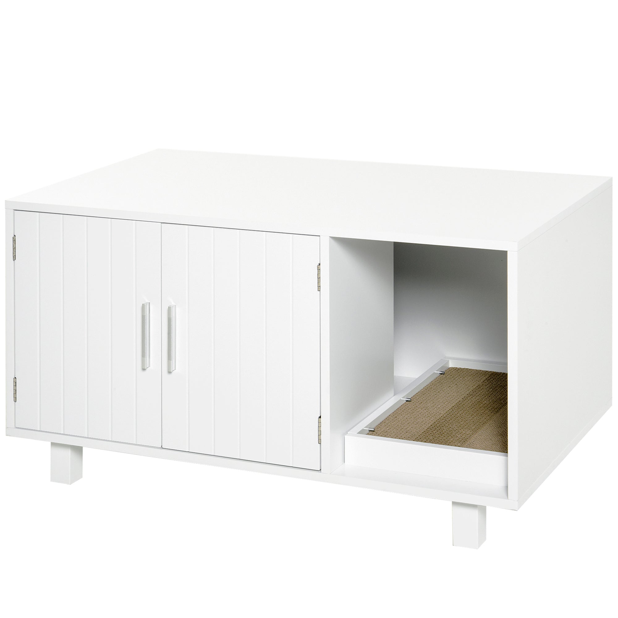 PawHut Cat Litter Box Enclosure, Hidden Litter Box Furniture, Cat House End Table Washroom with Scratching Pad, for Indoor Cats Kittens, White