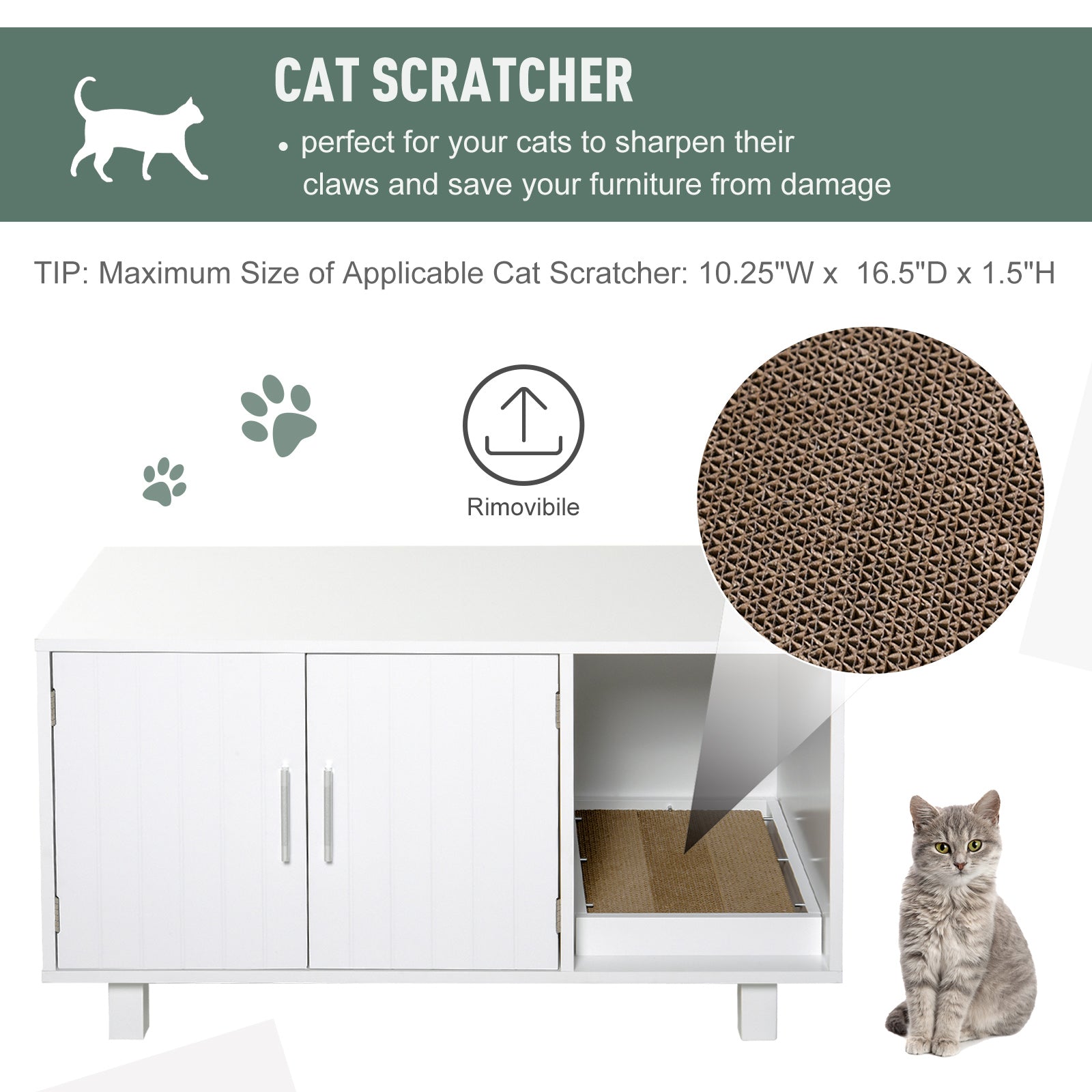 PawHut Cat Litter Box Enclosure, Hidden Litter Box Furniture, Cat House End Table Washroom with Scratching Pad, for Indoor Cats Kittens, White