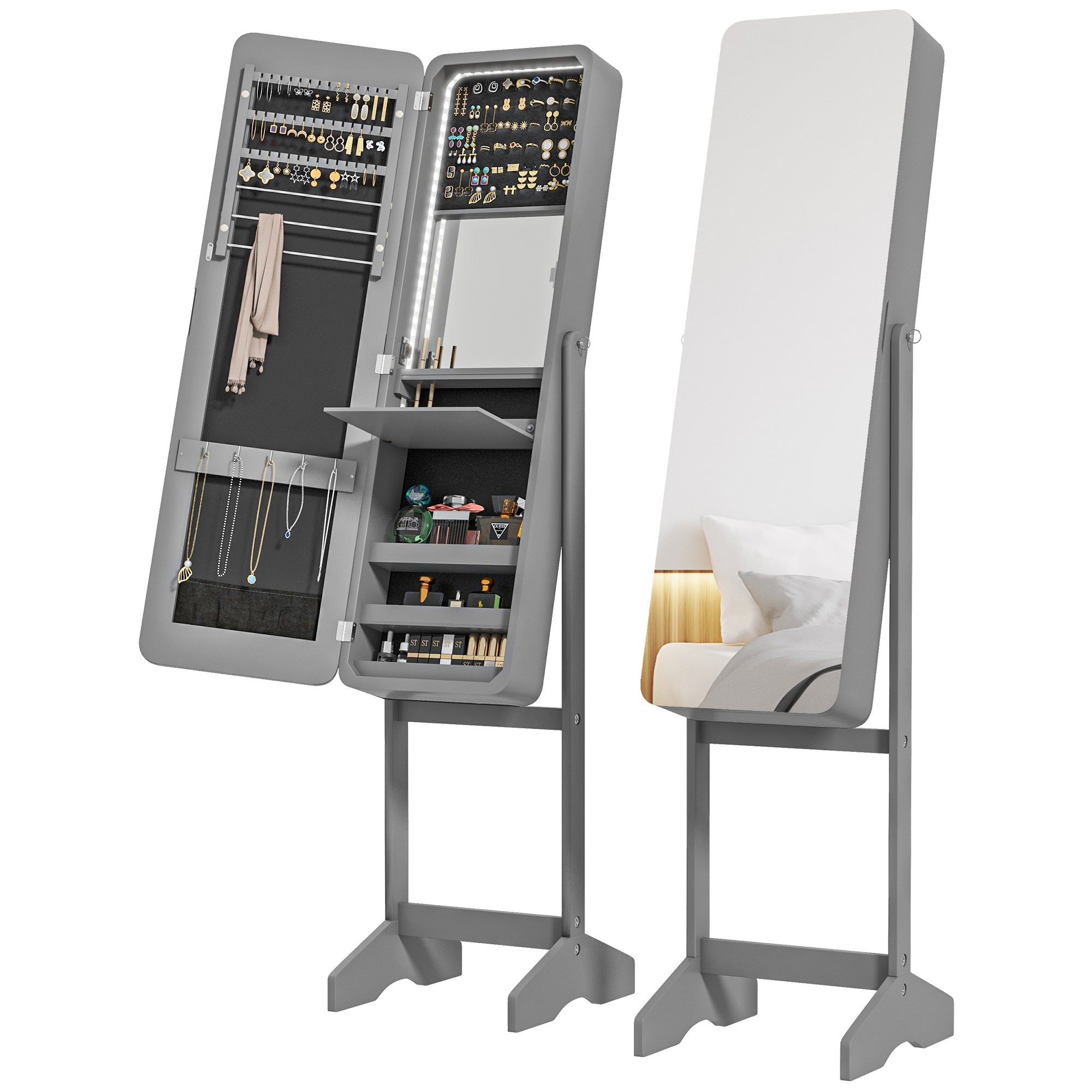 HOMCOM Freestanding Mirrored Jewelry Cabinet, LED Lighted Jewelry Armoire, Storage Organizer with Stand, Angle Adjustable, Grey