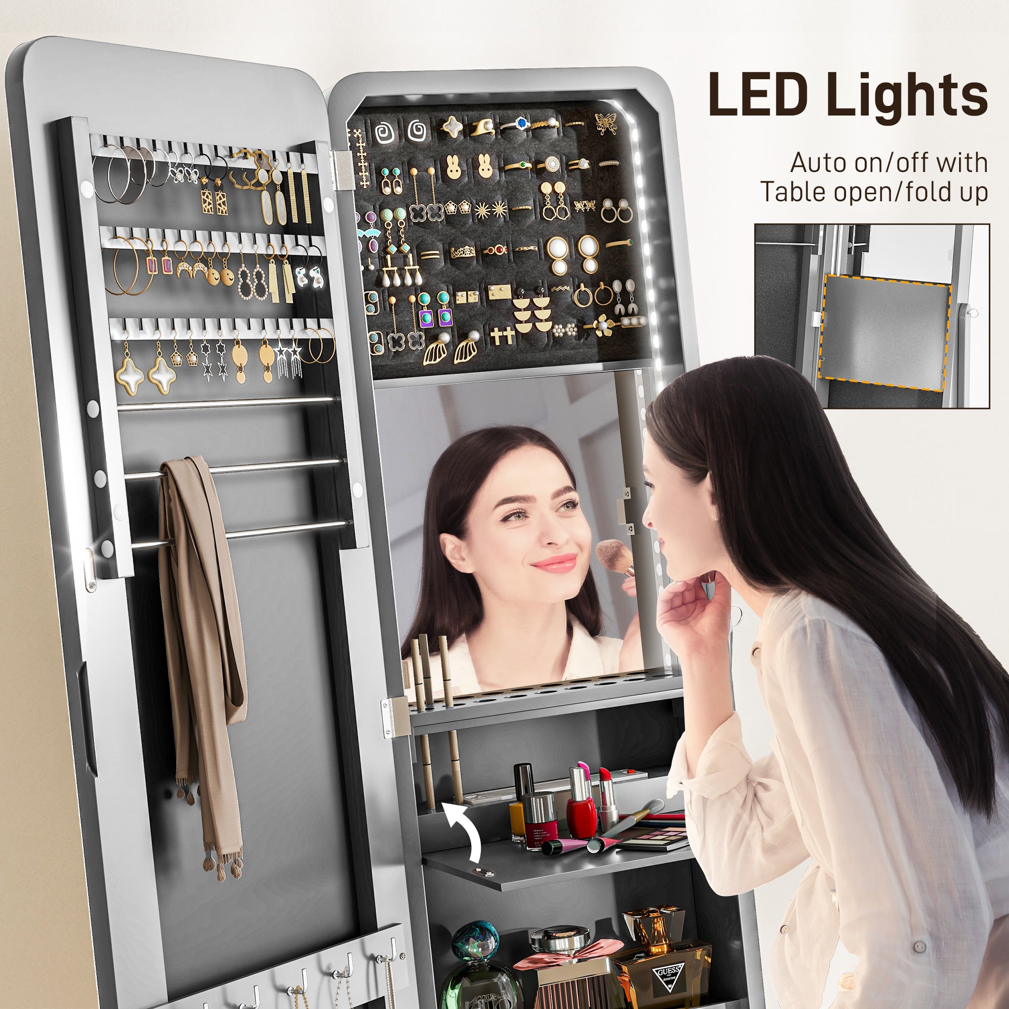 HOMCOM Freestanding Mirrored Jewelry Cabinet, LED Lighted Jewelry Armoire, Storage Organizer with Stand, Angle Adjustable, Grey