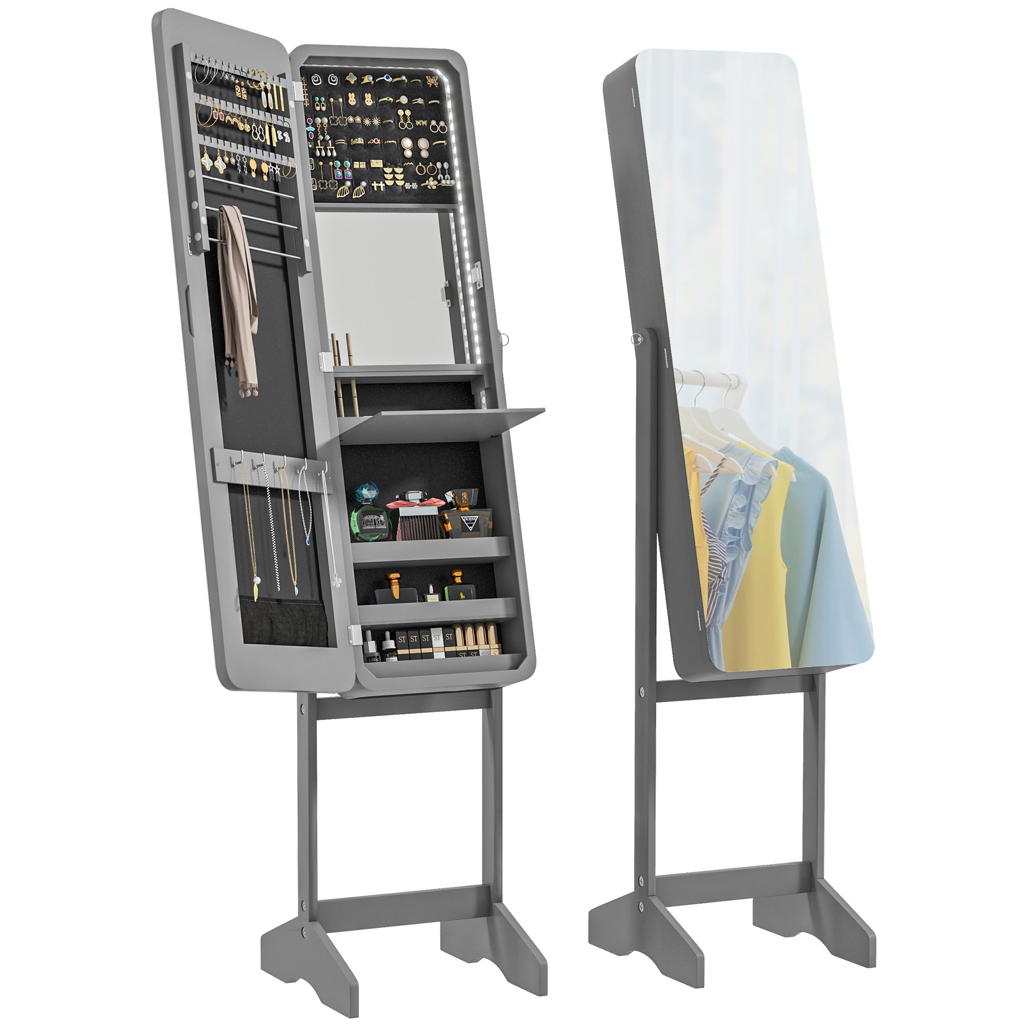 HOMCOM Freestanding Mirrored Jewelry Cabinet, LED Lighted Jewelry Armoire, Storage Organizer with Stand, Angle Adjustable, Grey
