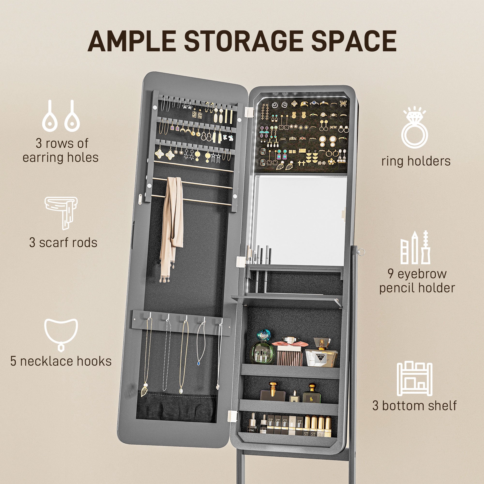 HOMCOM Freestanding Mirrored Jewelry Cabinet, LED Lighted Jewelry Armoire, Storage Organizer with Stand, Angle Adjustable, Grey