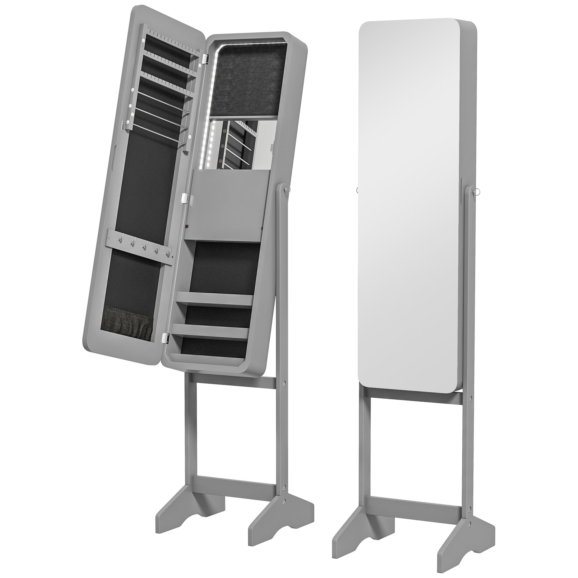 HOMCOM Freestanding Mirrored Jewelry Cabinet, LED Lighted Jewelry Armoire, Storage Organizer with Stand, Angle Adjustable, Grey