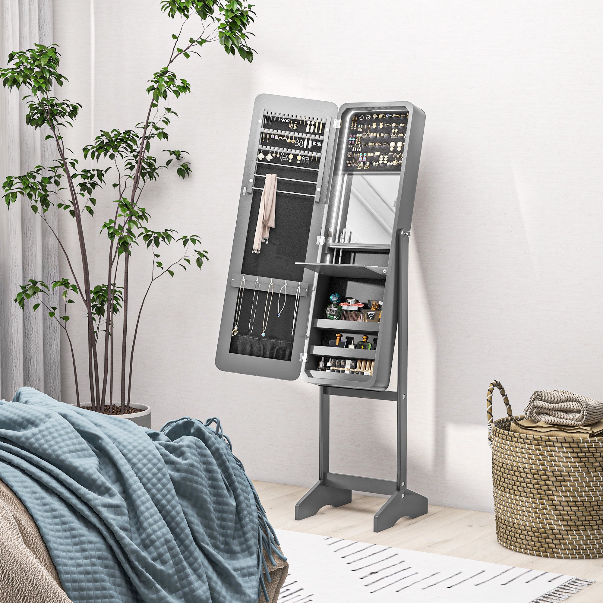 HOMCOM Freestanding Mirrored Jewelry Cabinet, LED Lighted Jewelry Armoire, Storage Organizer with Stand, Angle Adjustable, Grey
