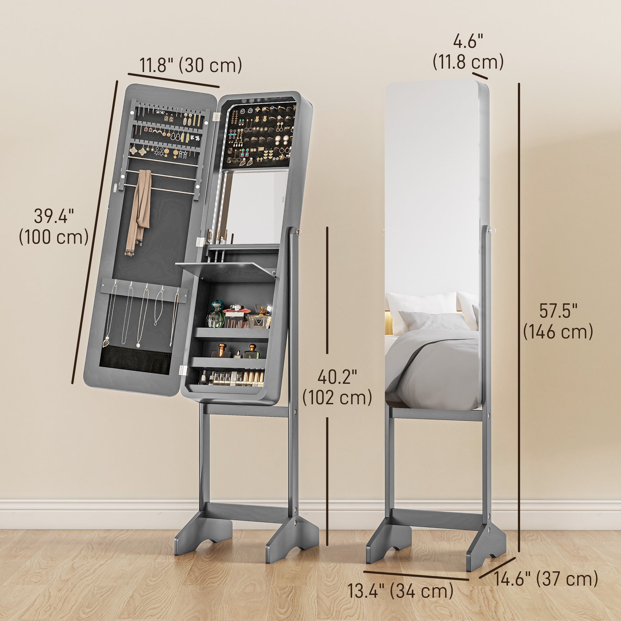 HOMCOM Freestanding Mirrored Jewelry Cabinet, LED Lighted Jewelry Armoire, Storage Organizer with Stand, Angle Adjustable, Grey