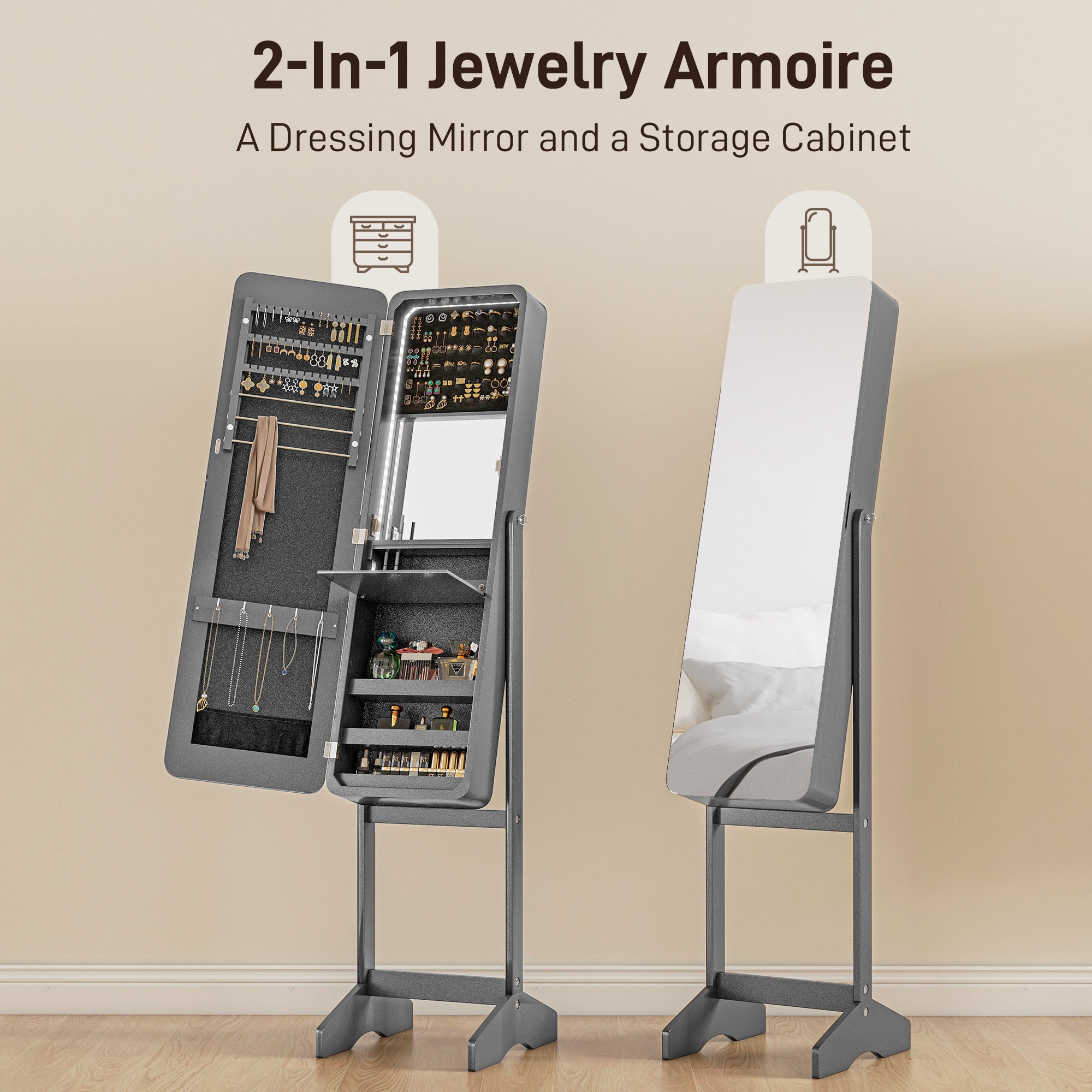 HOMCOM Freestanding Mirrored Jewelry Cabinet, LED Lighted Jewelry Armoire, Storage Organizer with Stand, Angle Adjustable, Grey